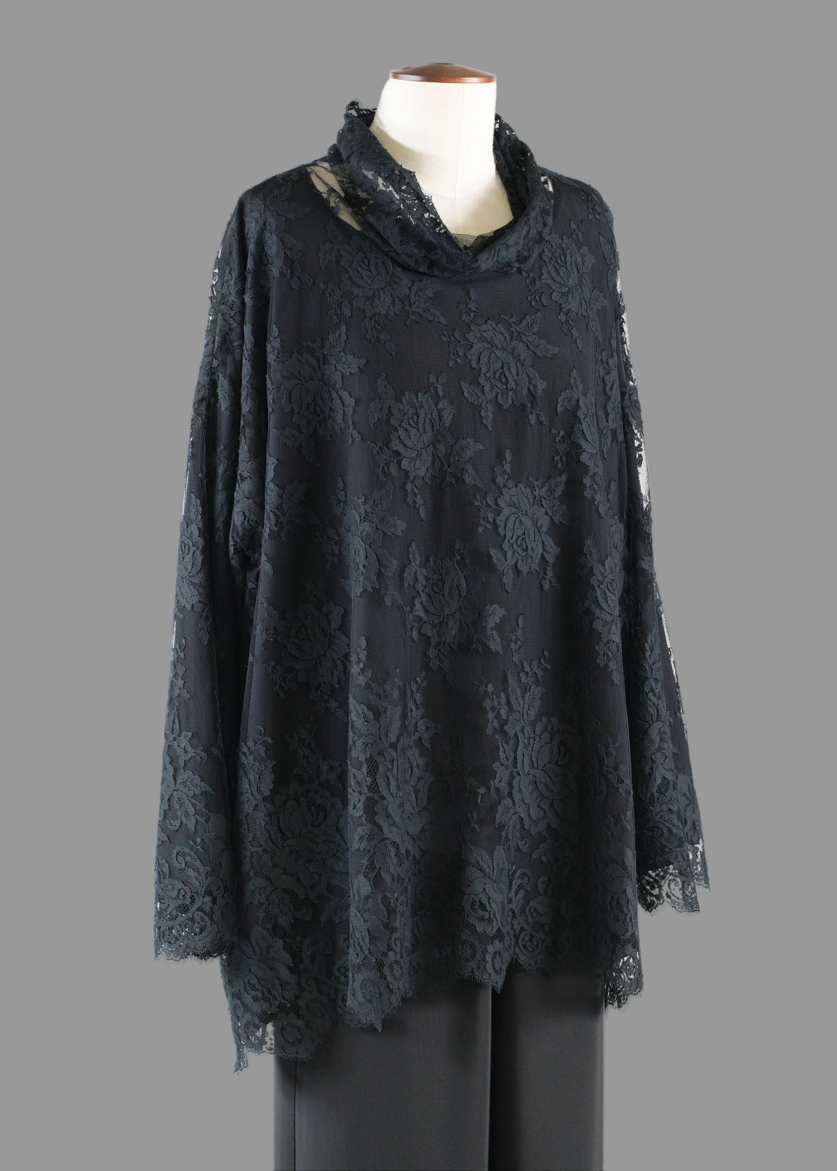 French lace cotton mix wide a-line monks neck top - long (black)