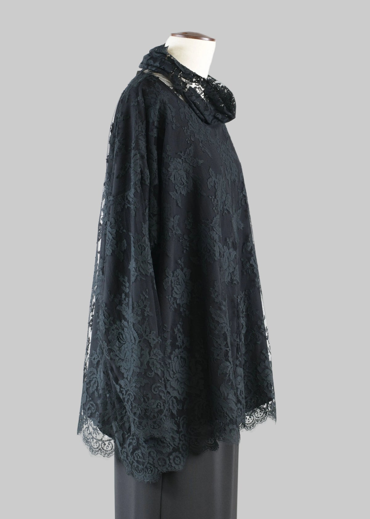 French lace cotton mix wide a-line monks neck top - long (black)