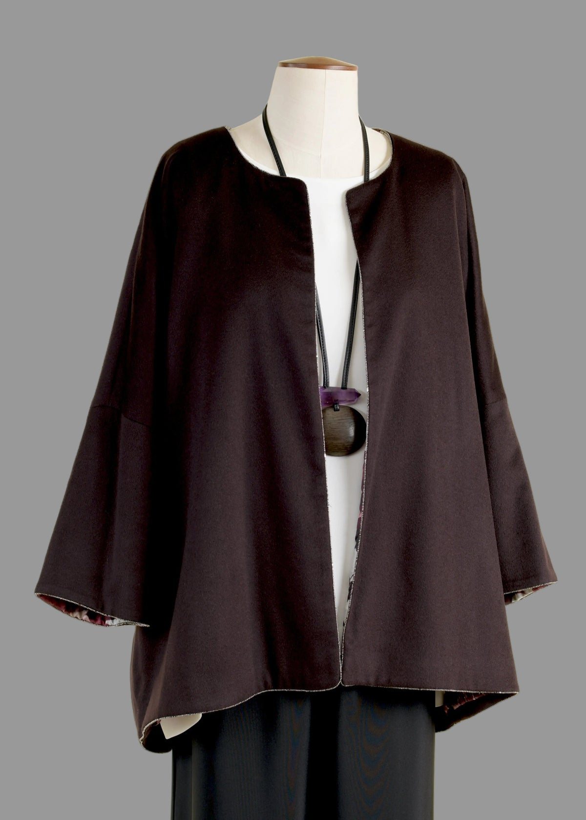 cashmere 3/4 sleeve slope shoulder round neck jacket- long (port)