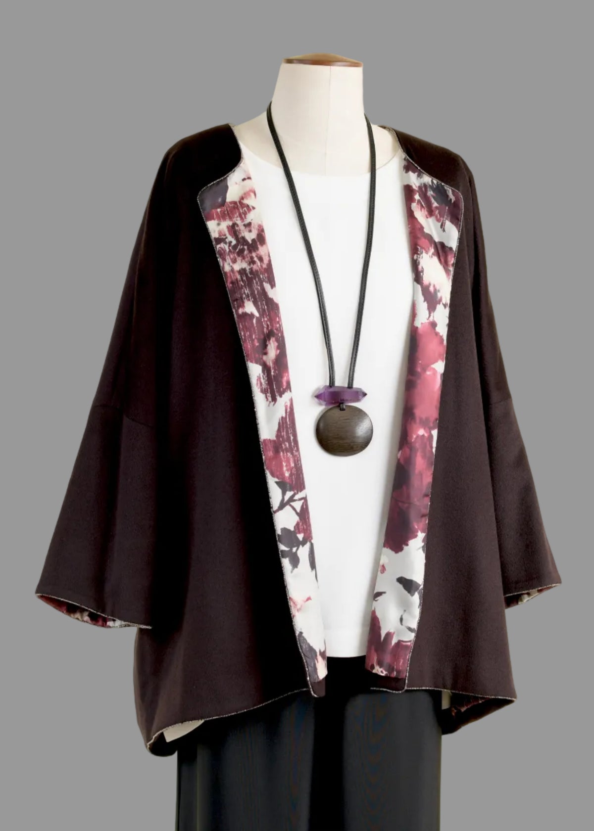 cashmere 3/4 sleeve slope shoulder round neck jacket- long (port)