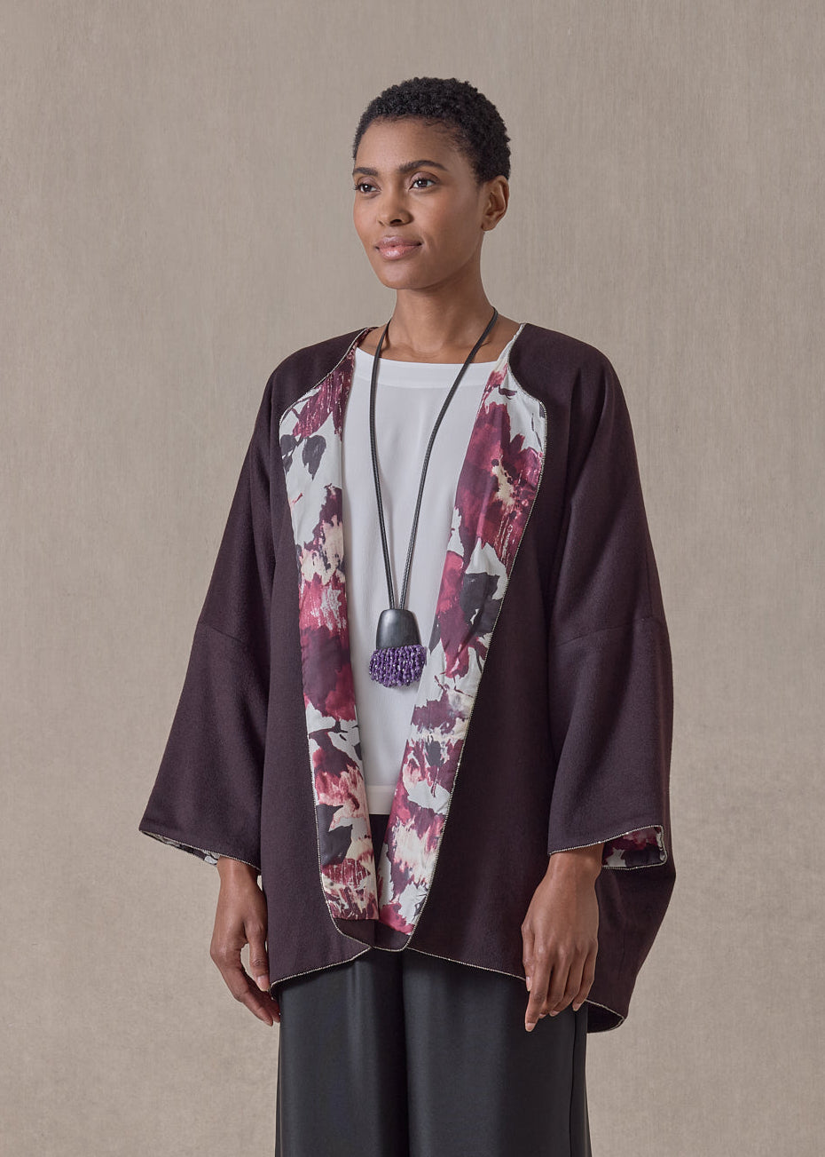 cashmere 3/4 sleeve slope shoulder round neck jacket- long (port)