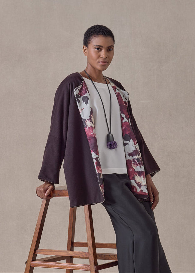 cashmere 3/4 sleeve slope shoulder round neck jacket- long (port)
