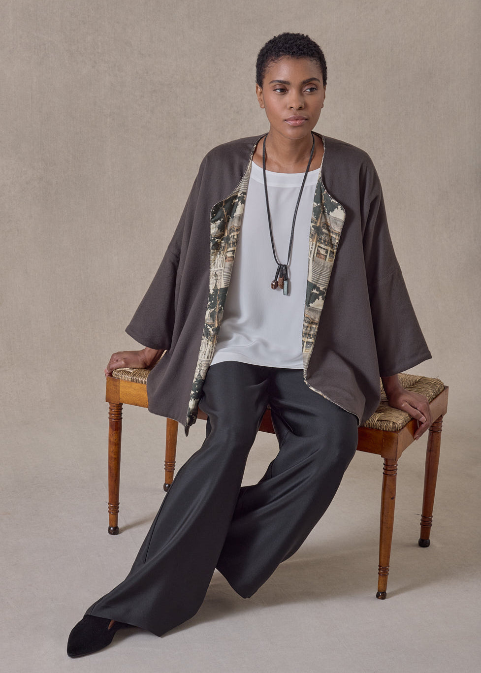 cashmere slope shoulder round neck jacket- long (scout)