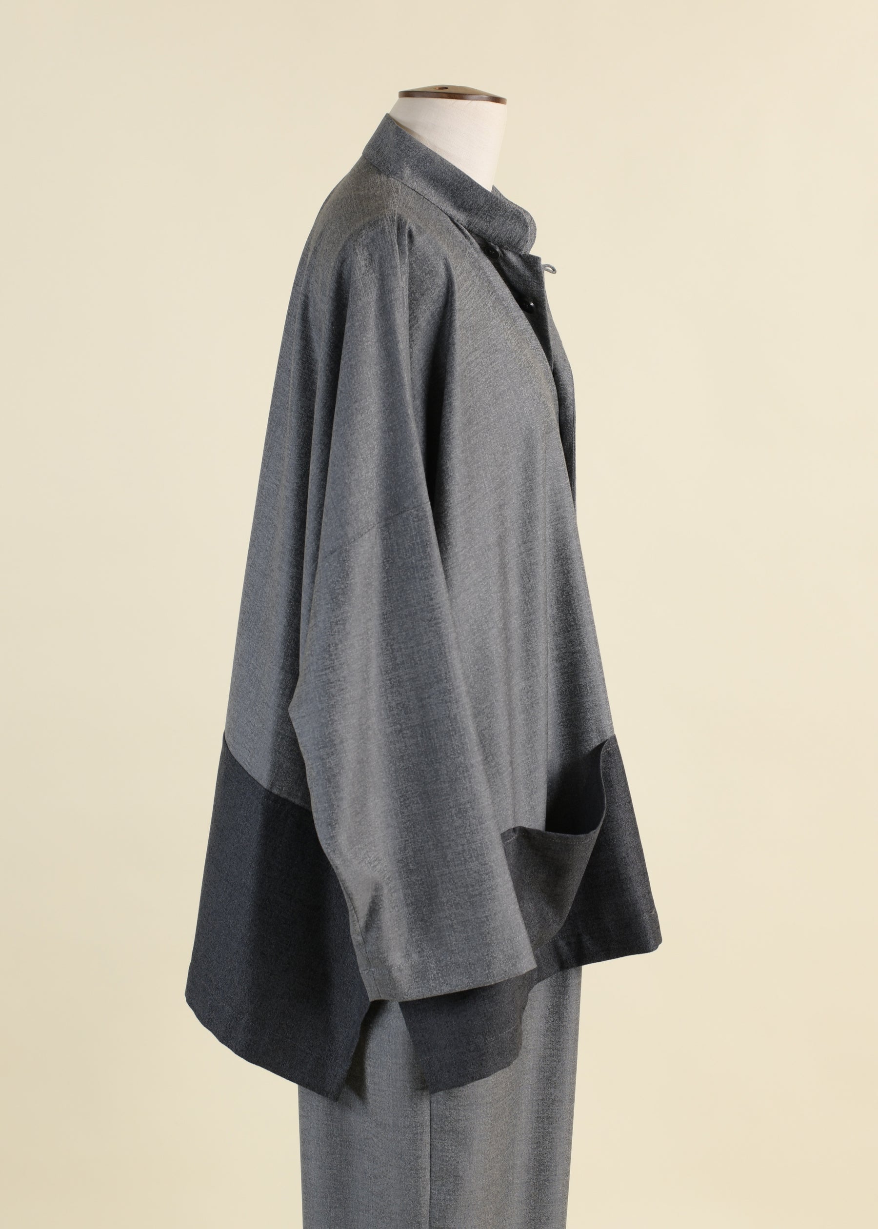 wool silk mix longer back wide mandarin jacket with contrast edge and pouch pockets - long