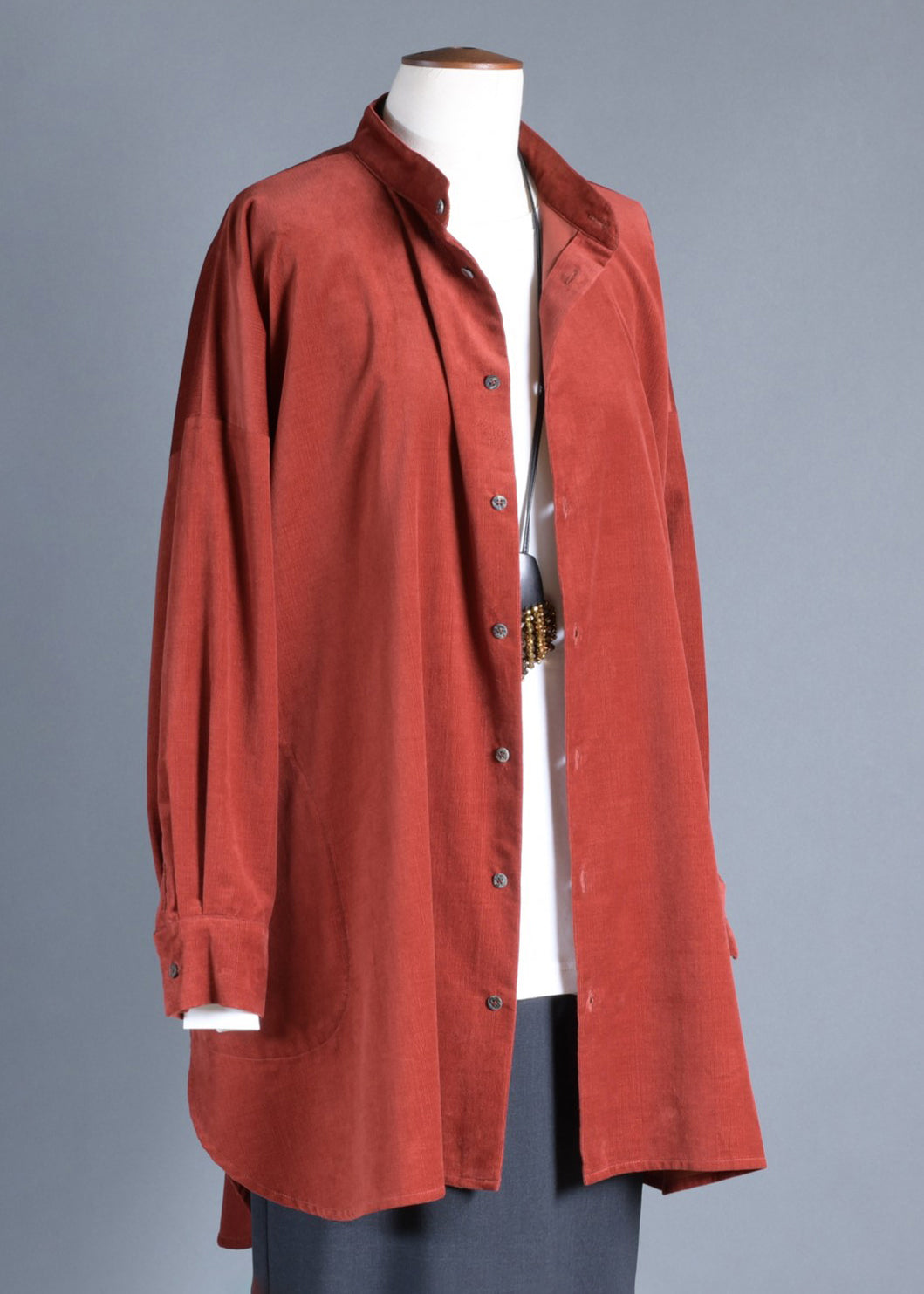 cotton wide a-line collarless classic shirt - long plus