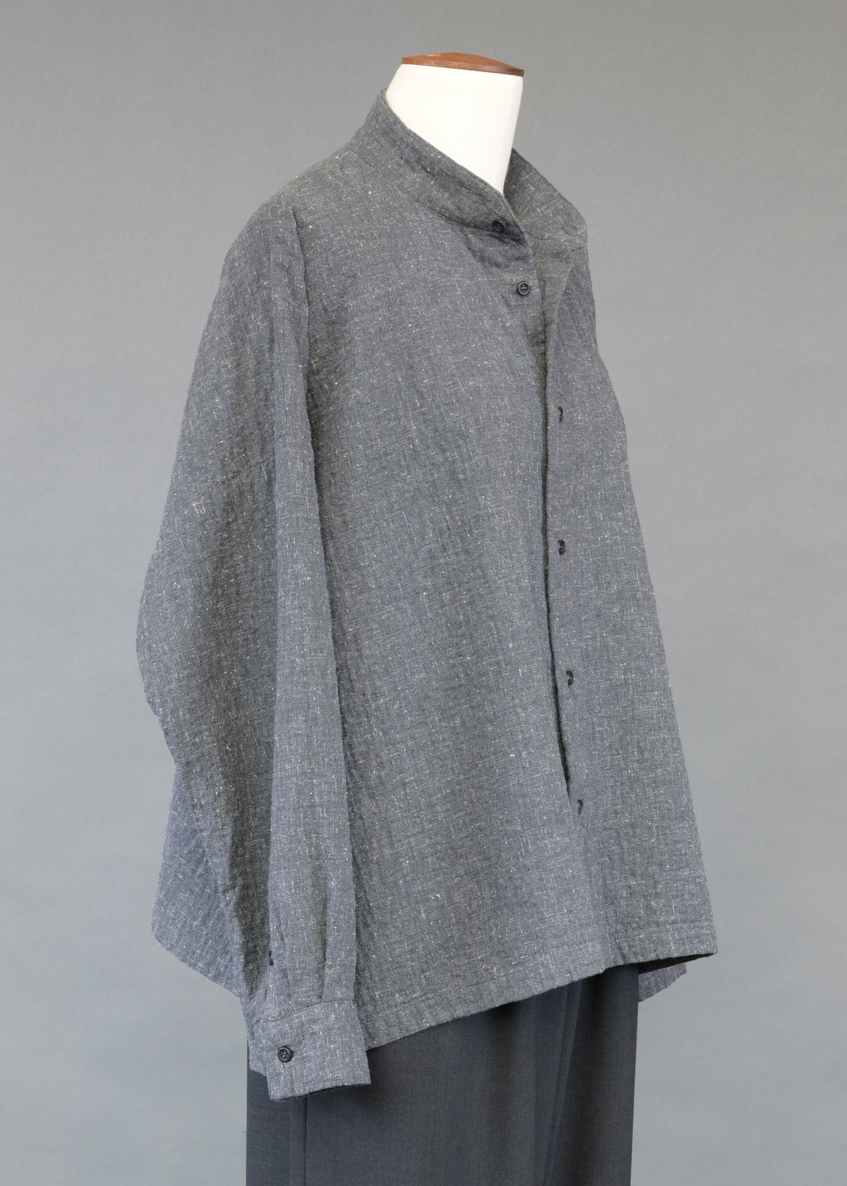 angled-to-front side seam shirt with double stand collar - long
