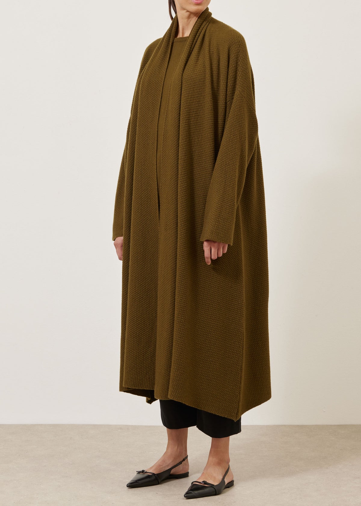 cashmere a-line scrunch shawl collar knit cardigan - 3/4 length