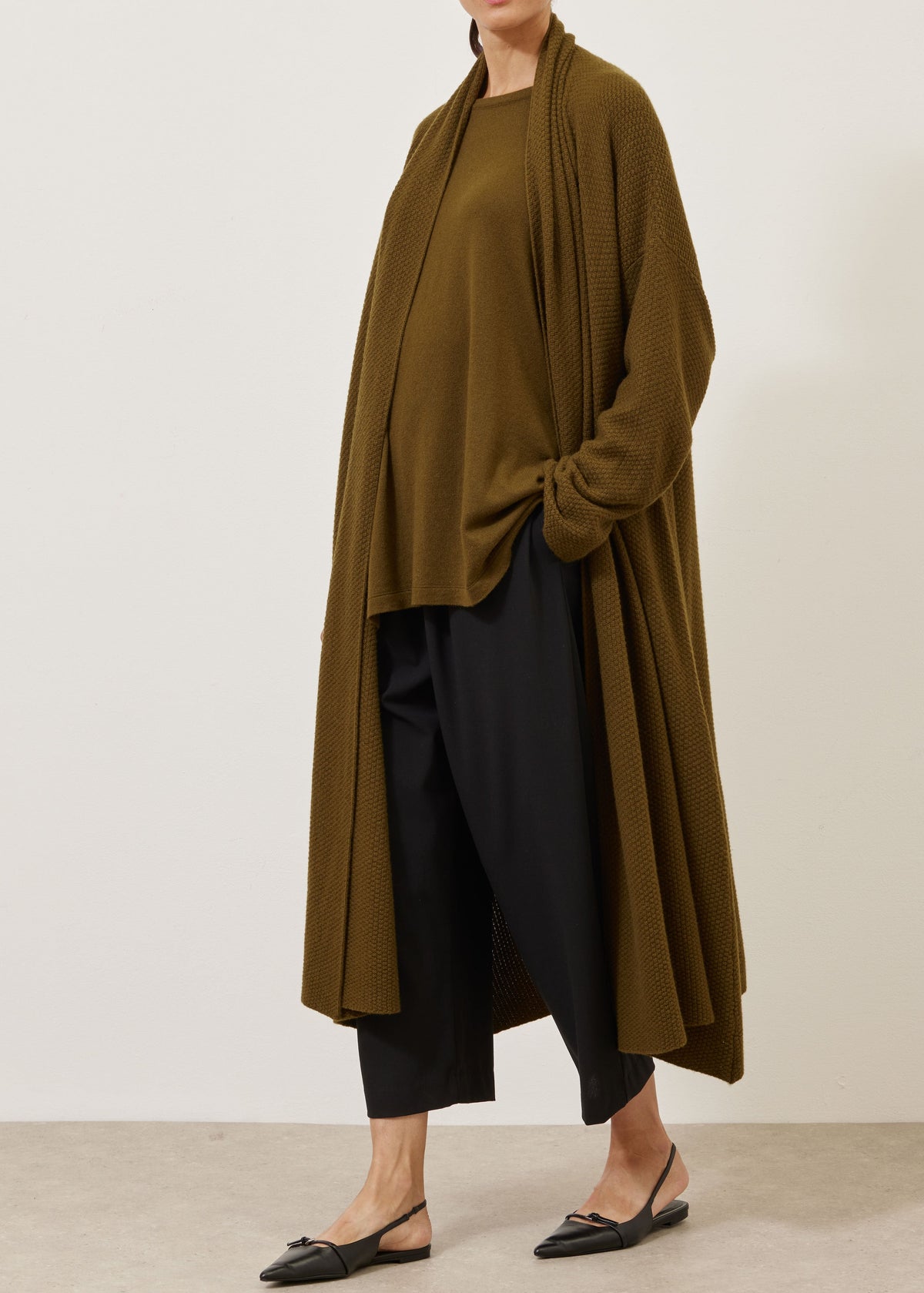 cashmere a-line scrunch shawl collar knit cardigan - 3/4 length