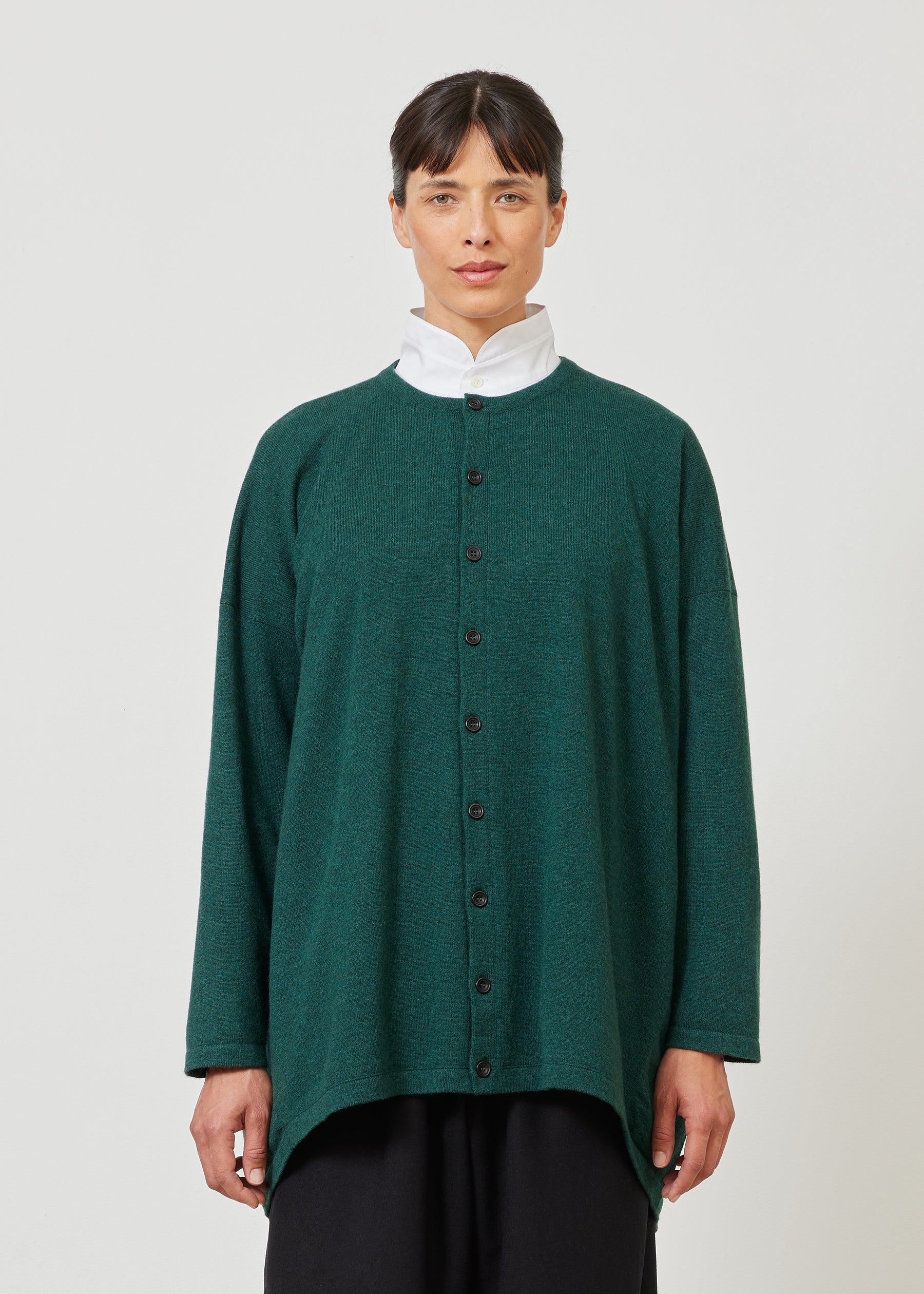 smaller front larger back round neck cardigan - long
