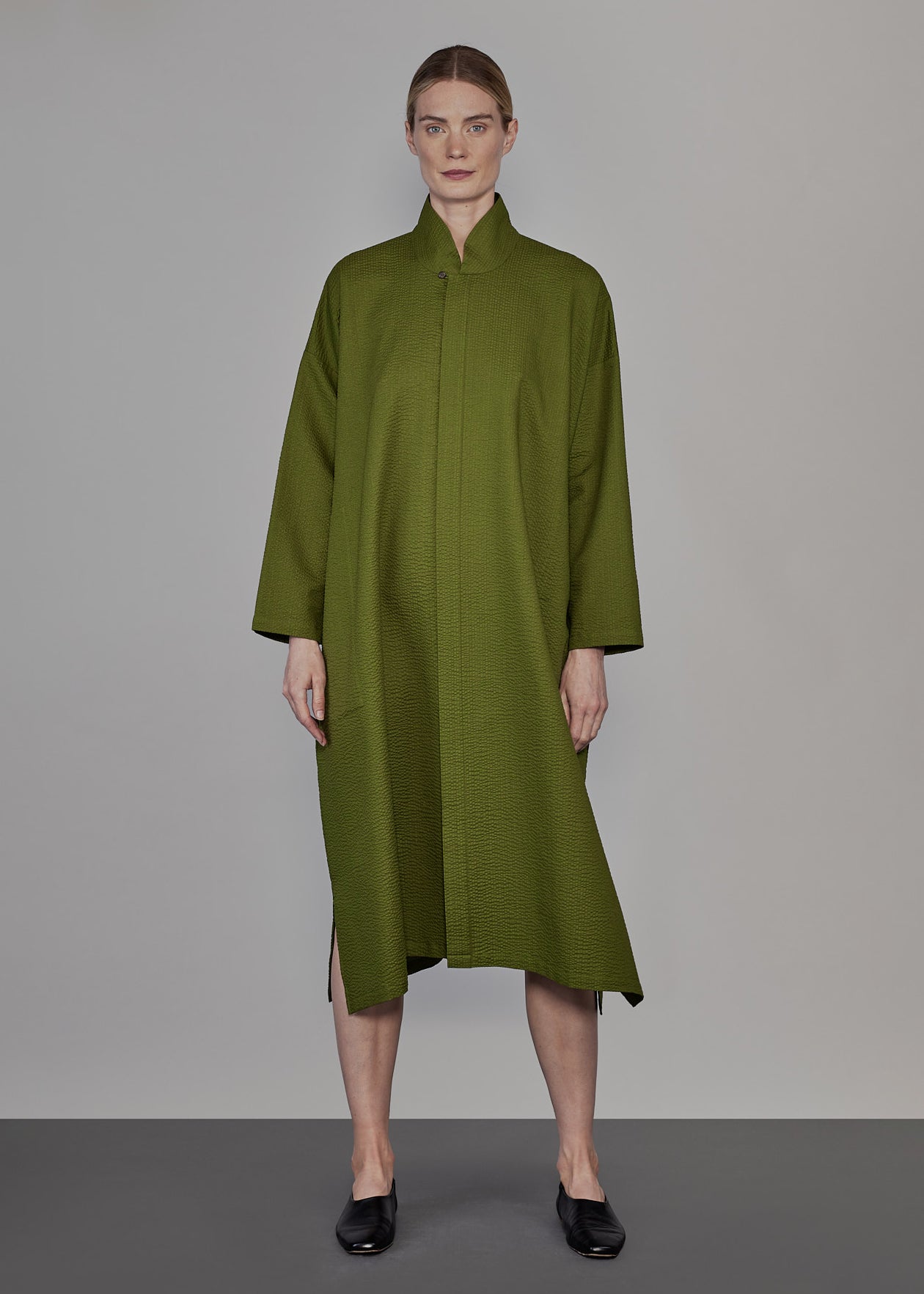 cotton wide a-line shirt dress with chinese collar
