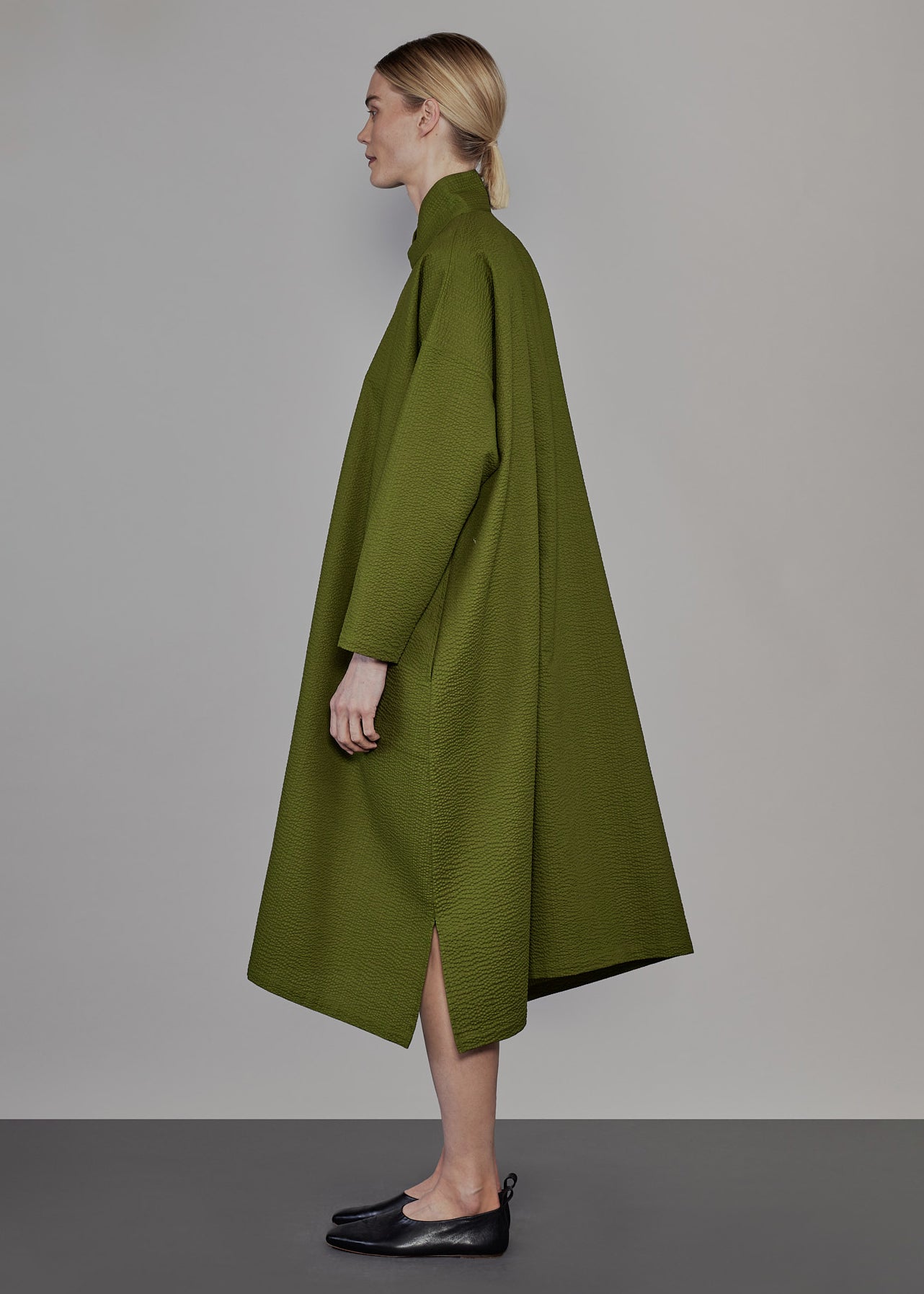 cotton wide a-line shirt dress with chinese collar