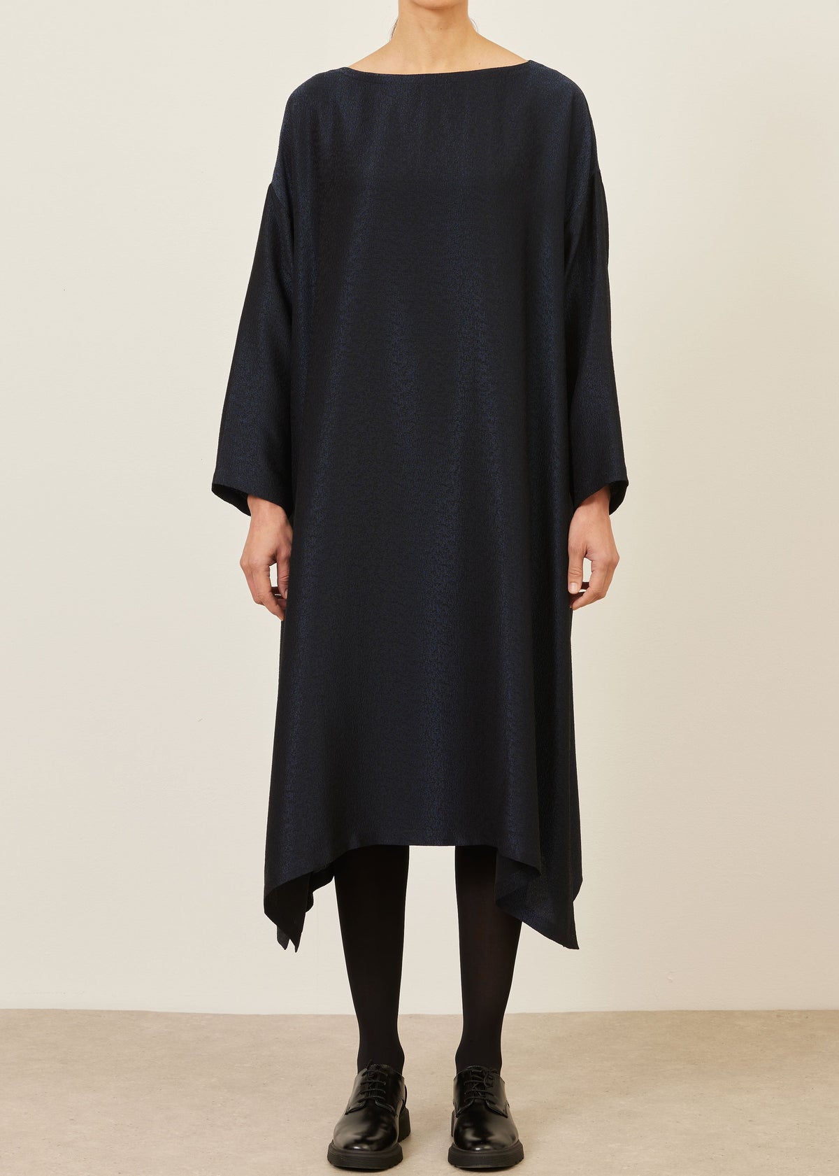 silk lamé mix wide a-line scoop neck dress (midnight)