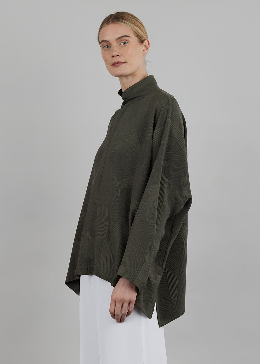 silk wide longer back double stand collar shirt - mid plus