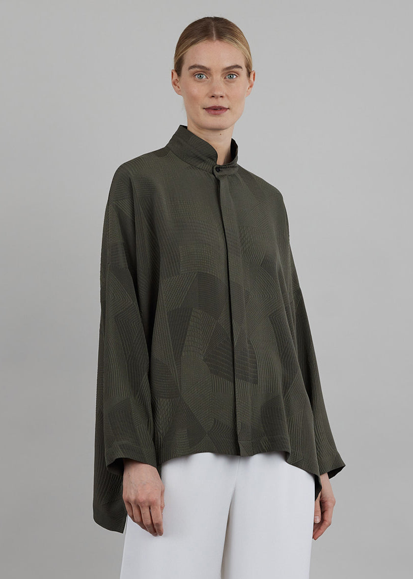silk wide longer back double stand collar shirt - mid plus