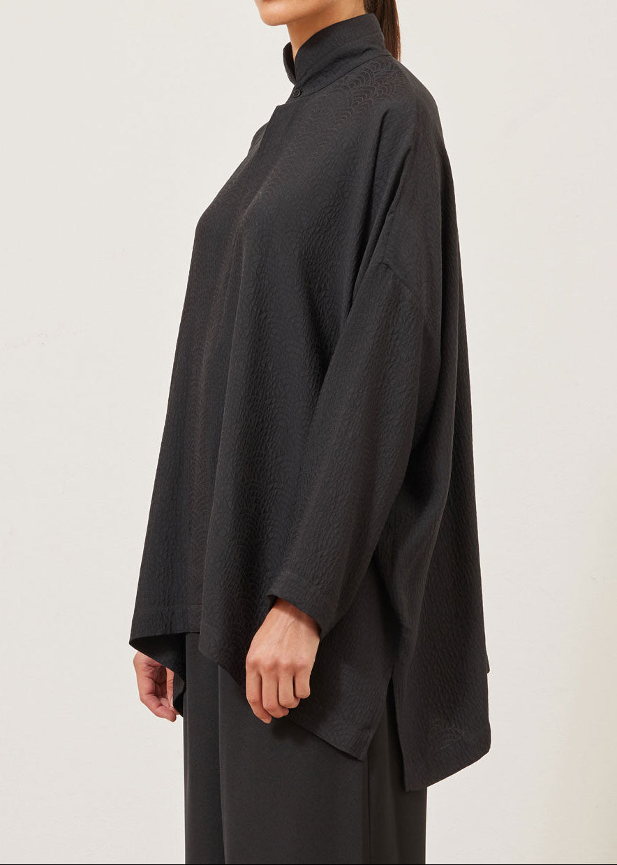 silk jacquard wide longer back double stand collar shirt - long