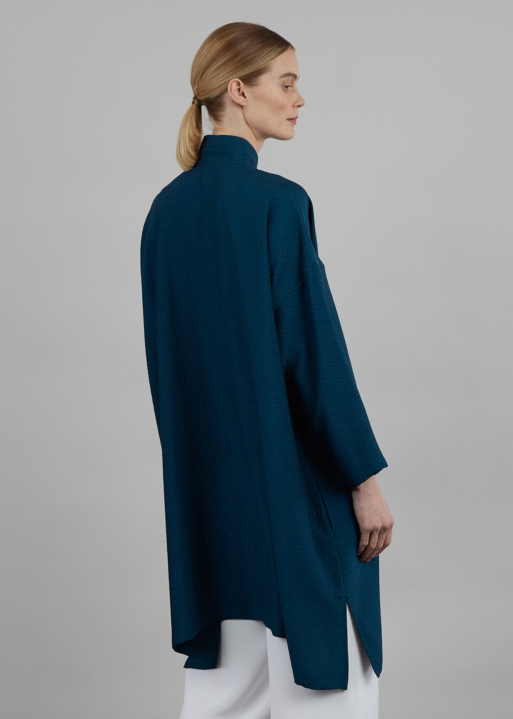 silk wide a-line double stand collar shirt - very long with slits