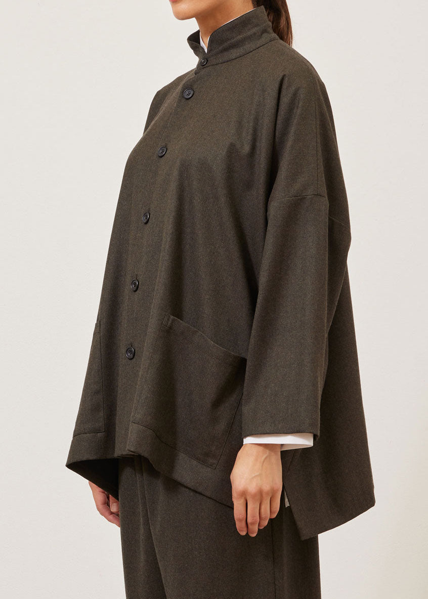 wool flannel wide longer back double stand collar jacket - long