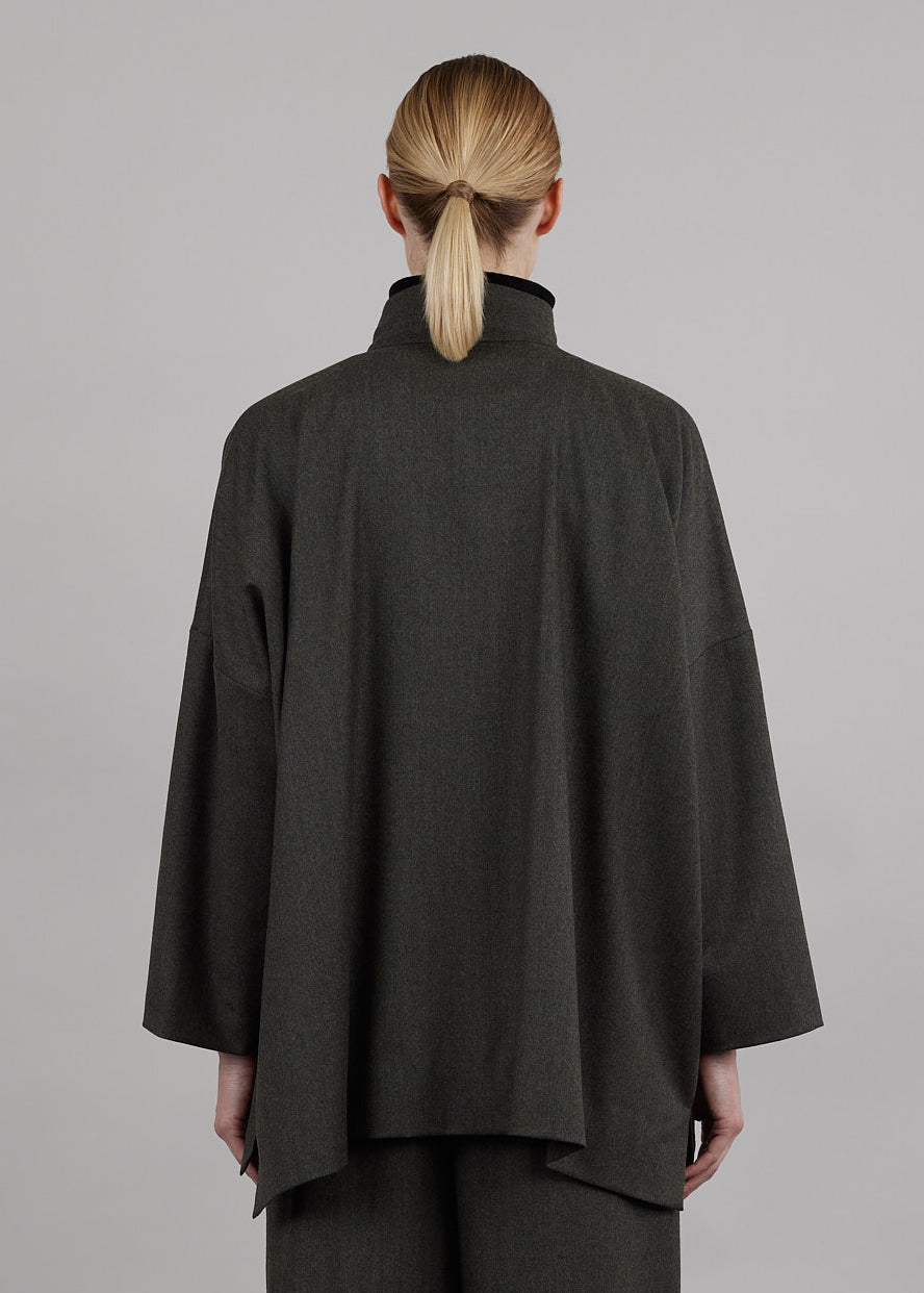 wide longer back double stand collar jacket - long
