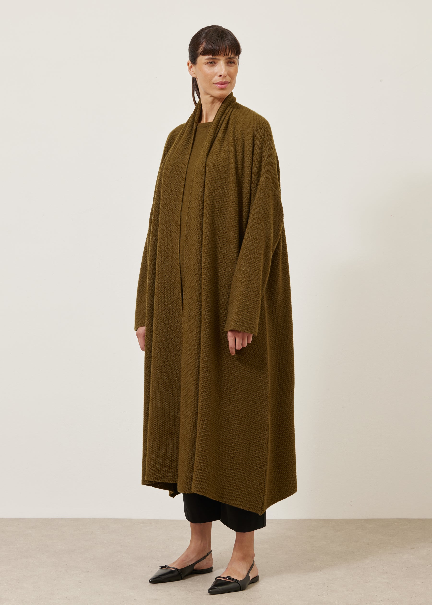 A-line scrunch shawl collar knit cardigan - 3/4 length