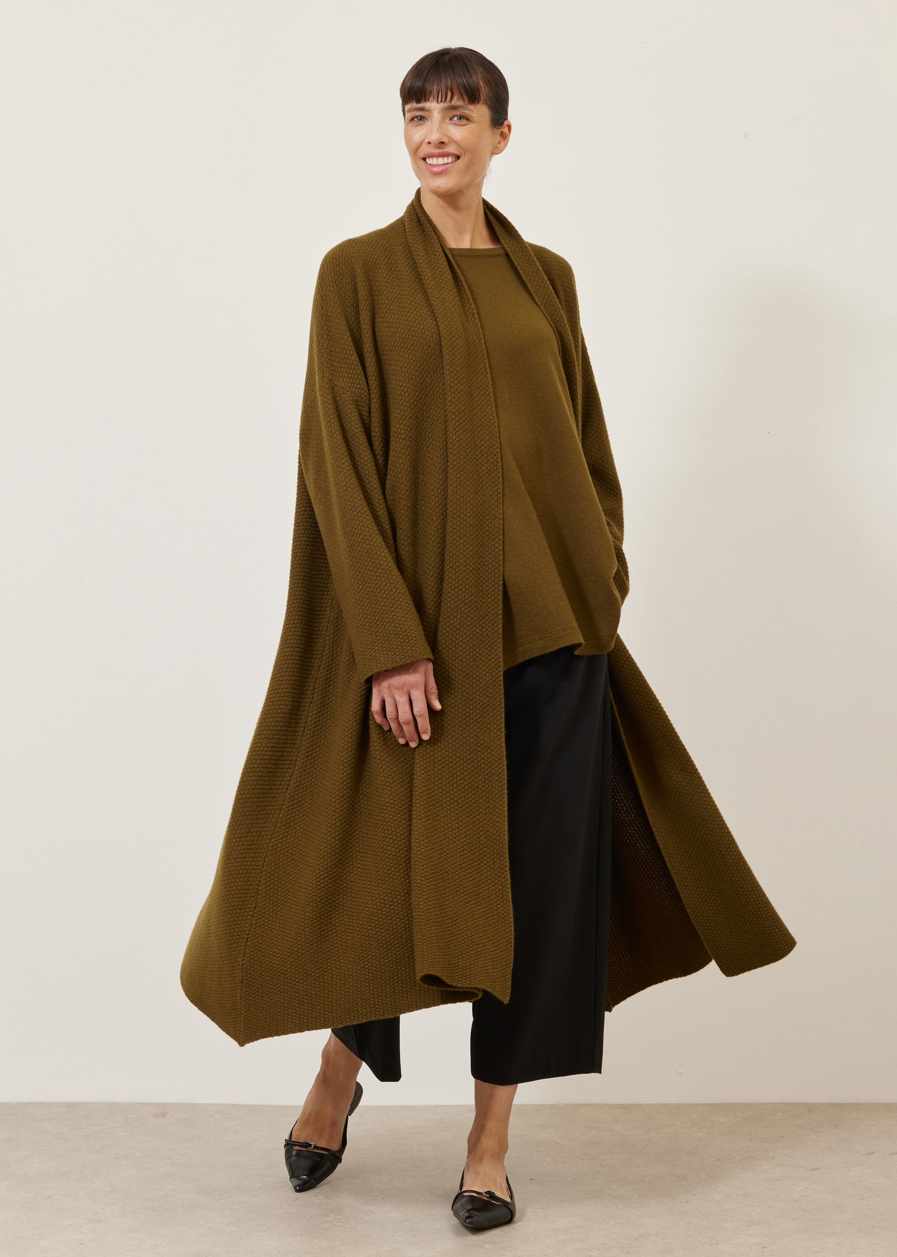 A-line scrunch shawl collar knit cardigan - 3/4 length
