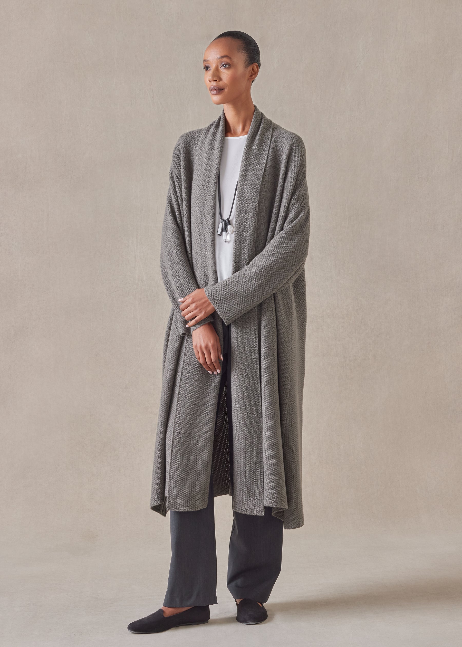 cashmere a-line scrunch shawl collar knit cardigan - 3/4 length