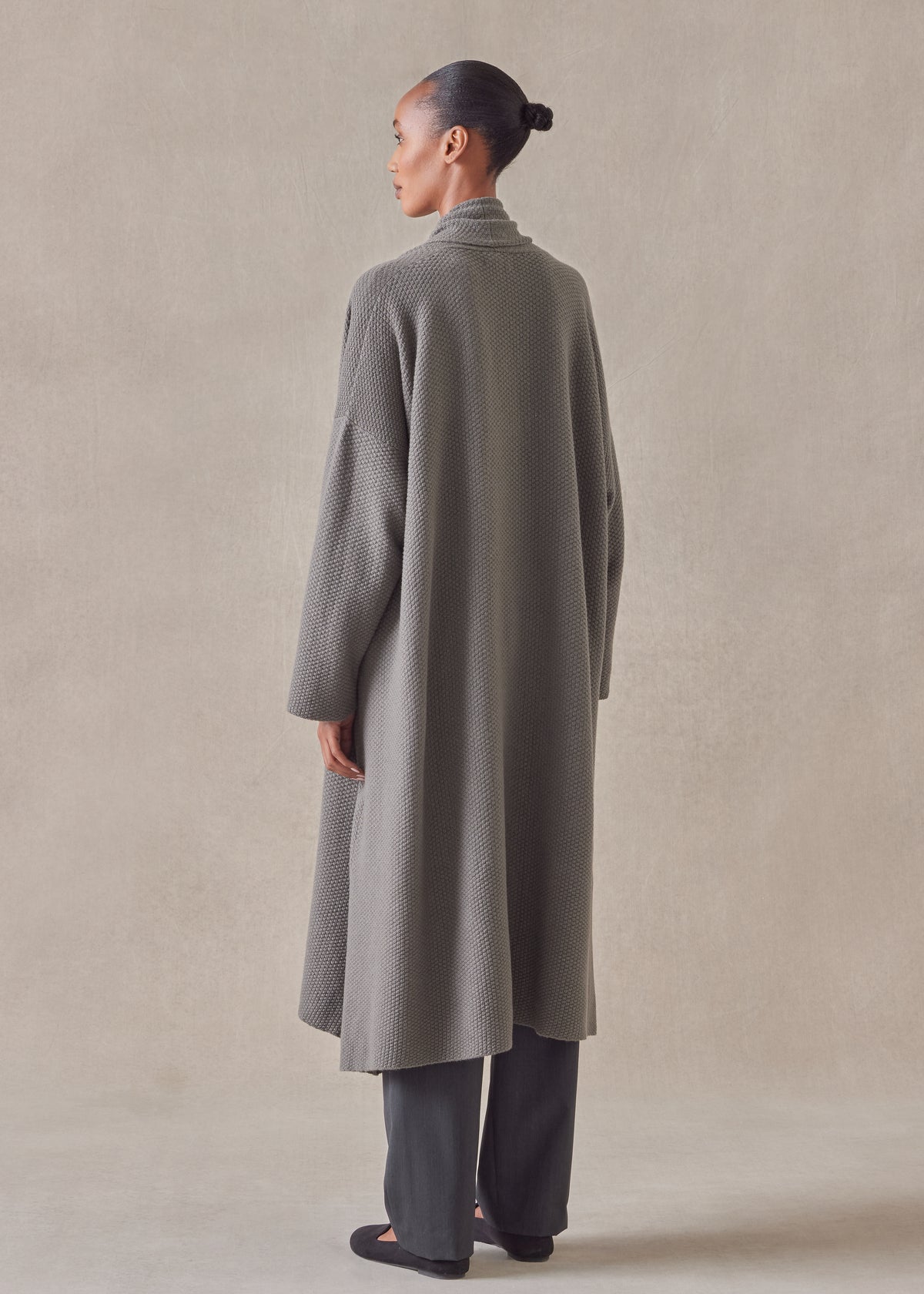 cashmere a-line scrunch shawl collar knit cardigan - 3/4 length