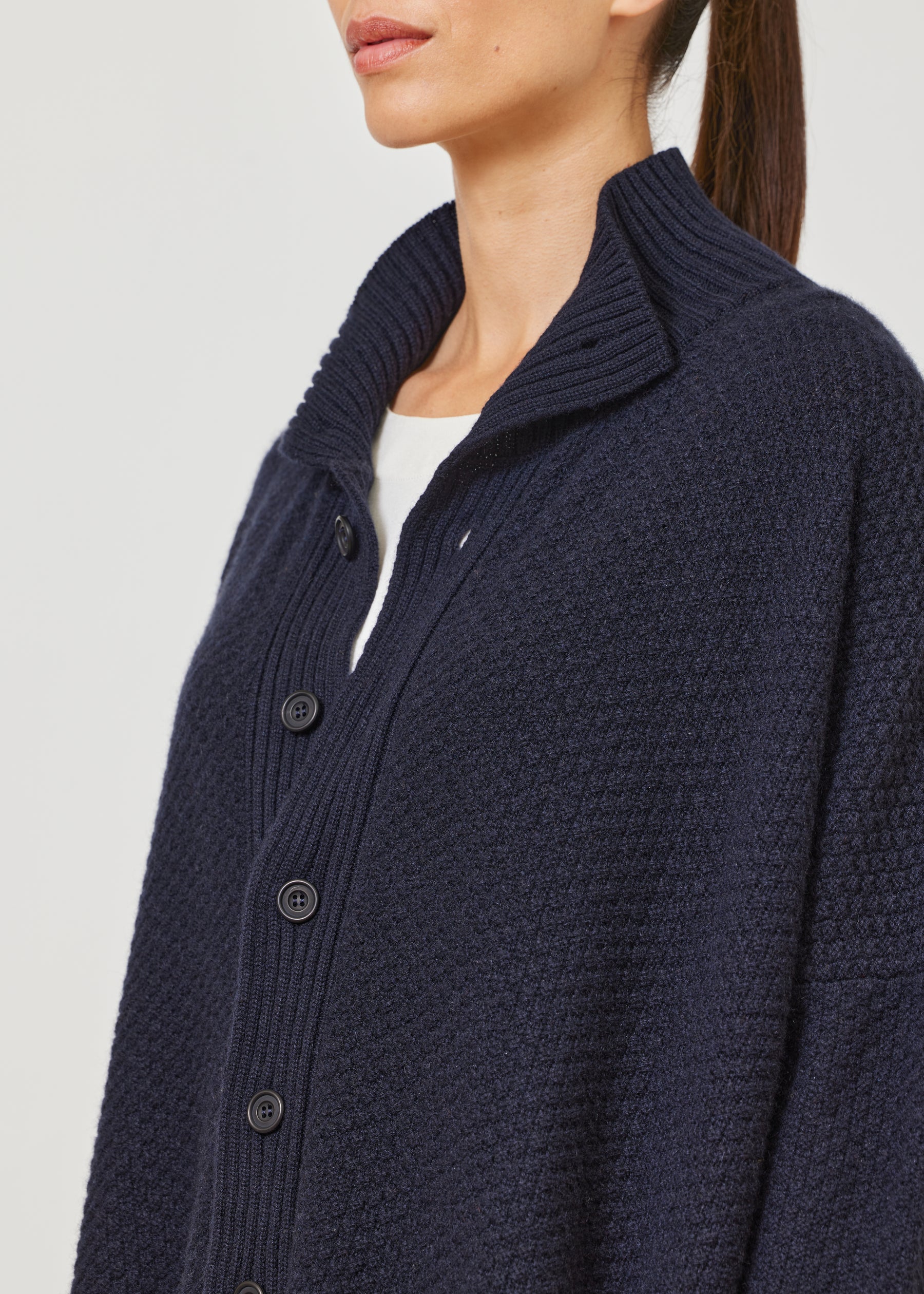 wide high neck button knit cardigan - long plus