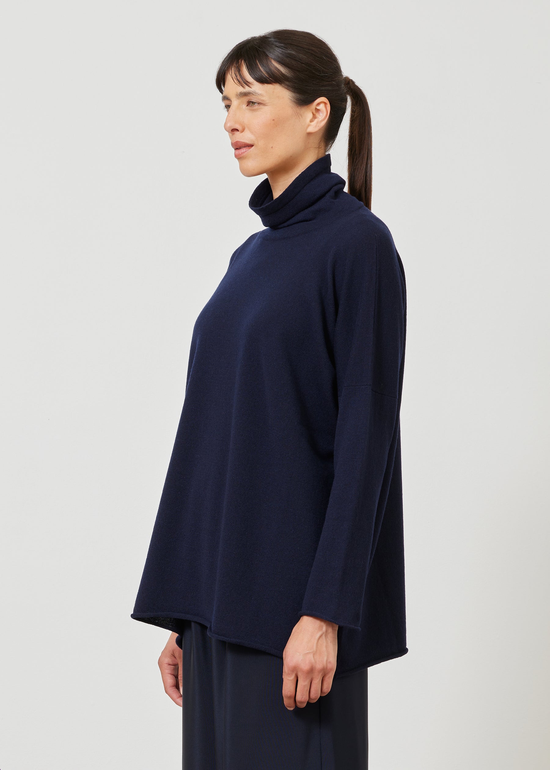 slim sleeve raw edge scrunch neck sweater - mid plus