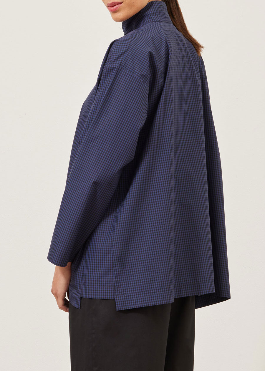 cotton slim A-line double stand collar shirt with stepped insert - long