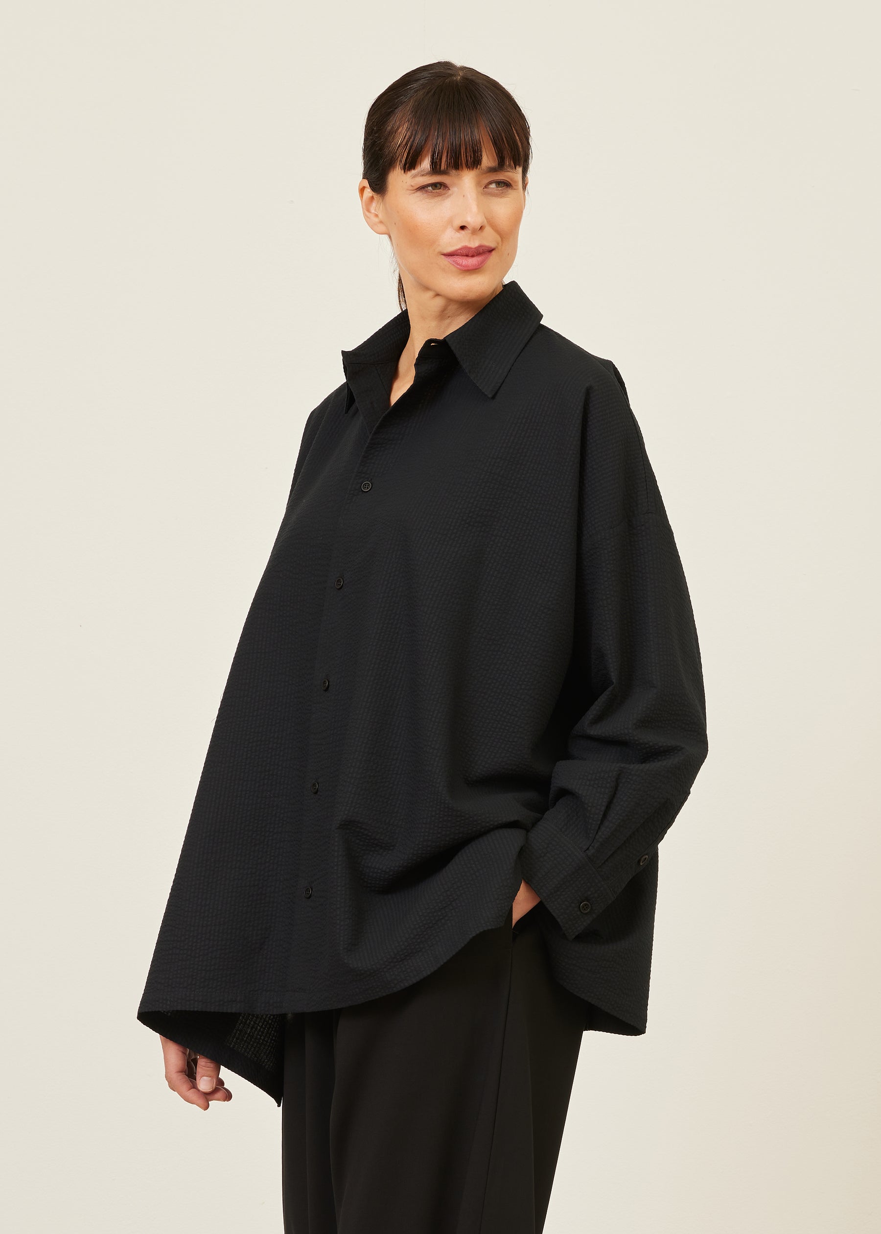 cotton wide a-line shirt with collar - long