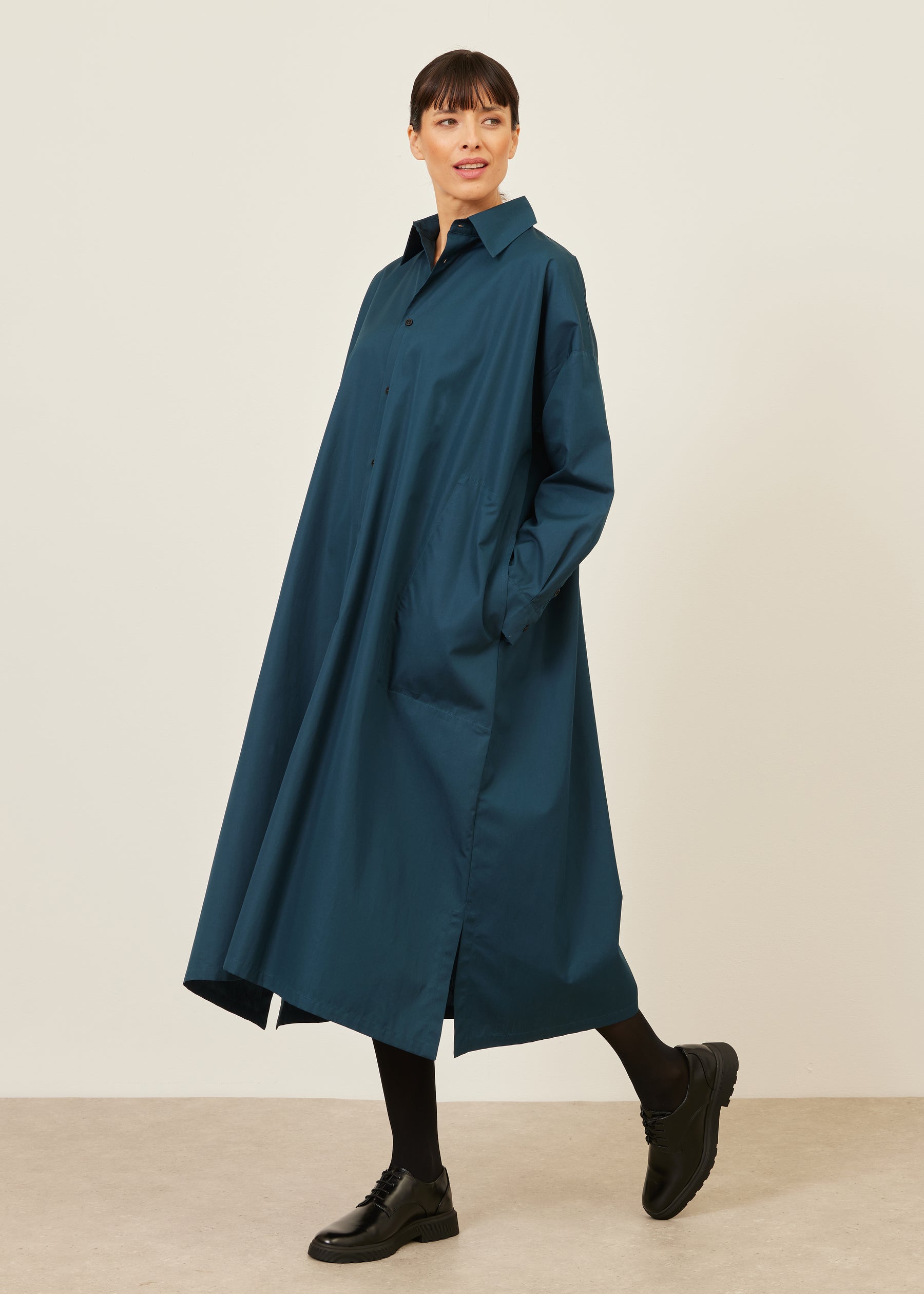 cotton wide a-line shirt dress with collar