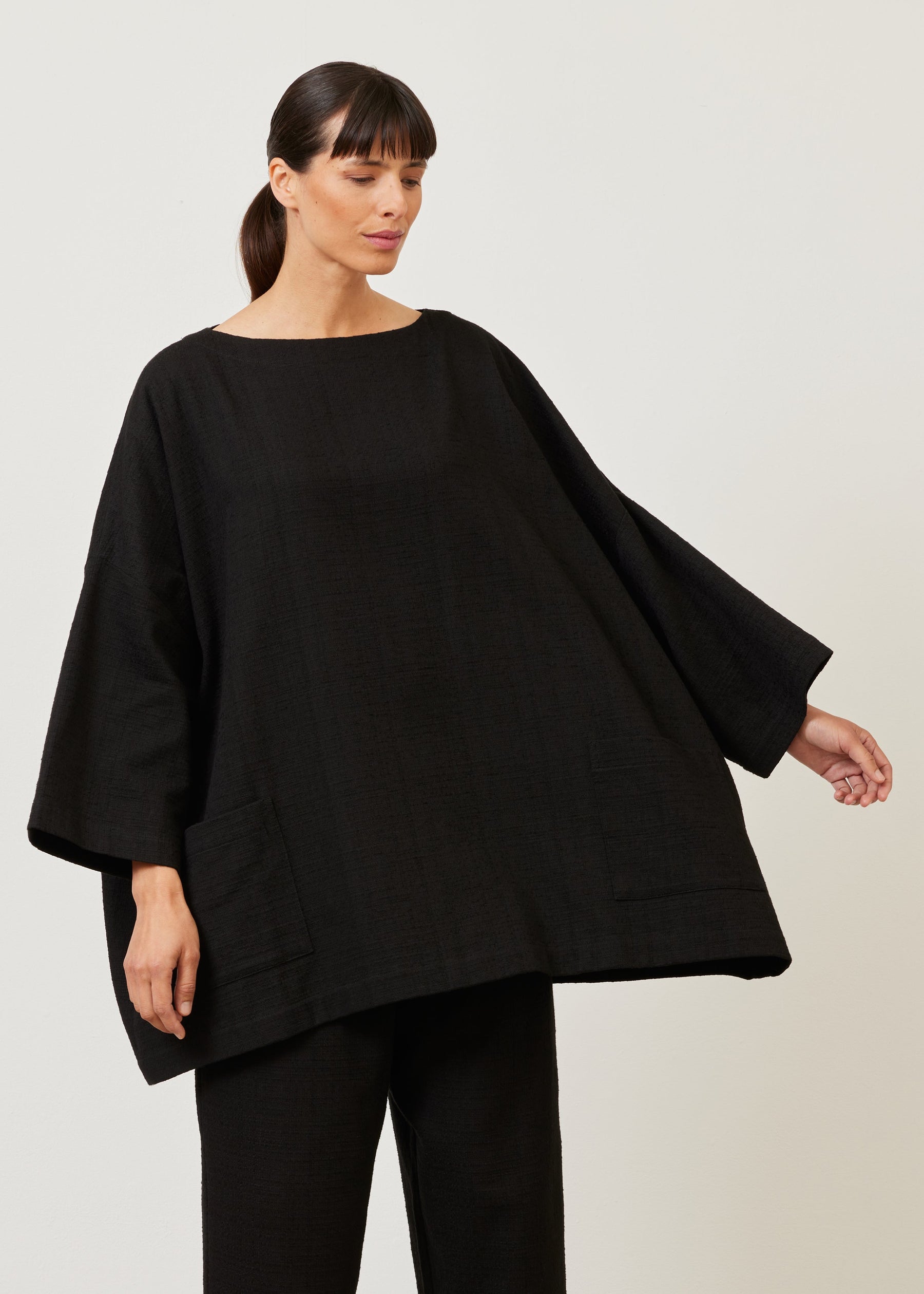 cotton sloped shoulder scoop neck poncho - long plus