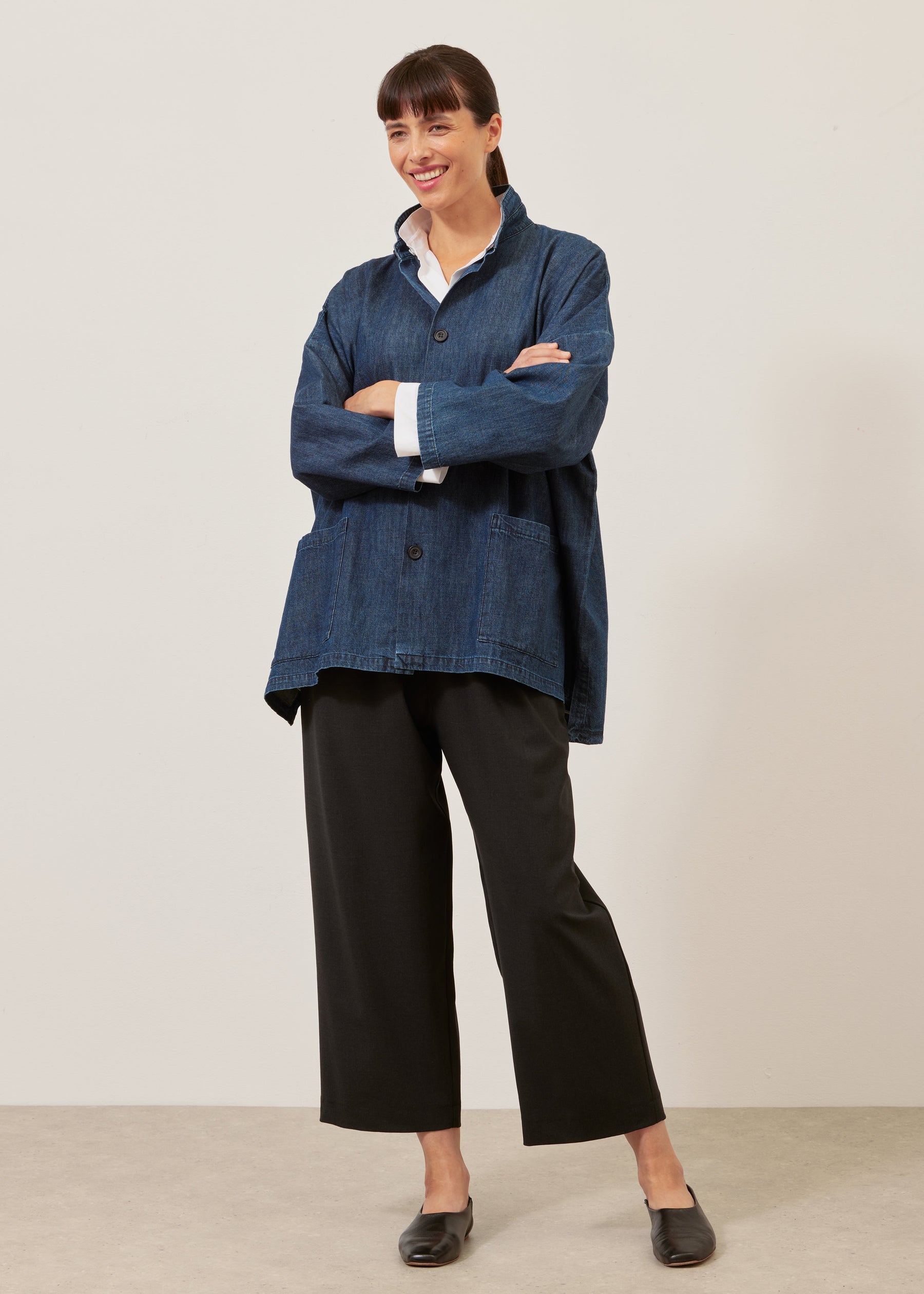cotton denim wide longer back double stand jacket - long