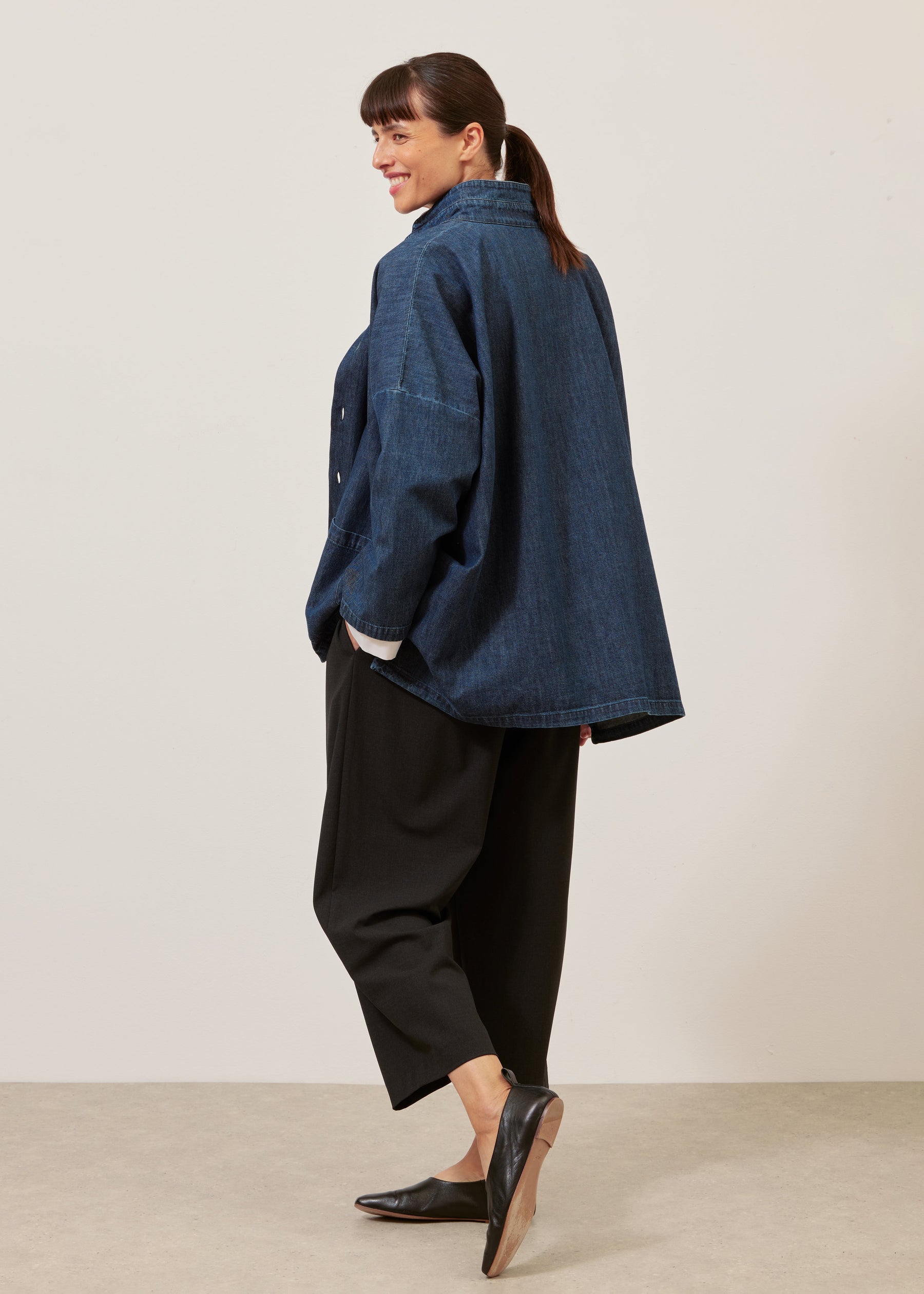 cotton denim wide longer back double stand jacket - long