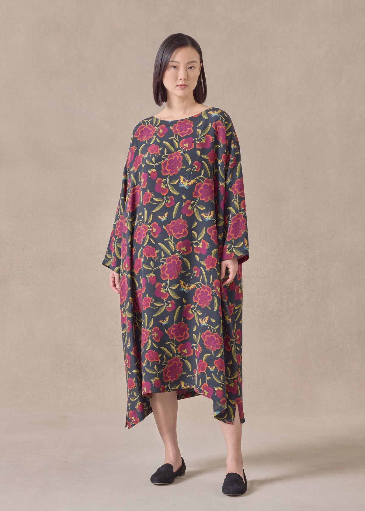 silk 3/4 sleeve wide A-line scoop neck dress