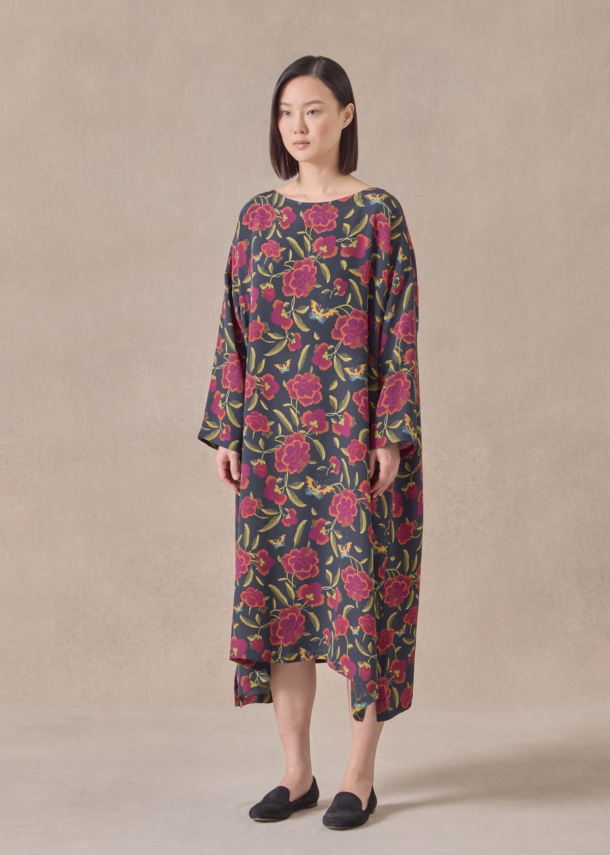 silk 3/4 sleeve wide A-line scoop neck dress