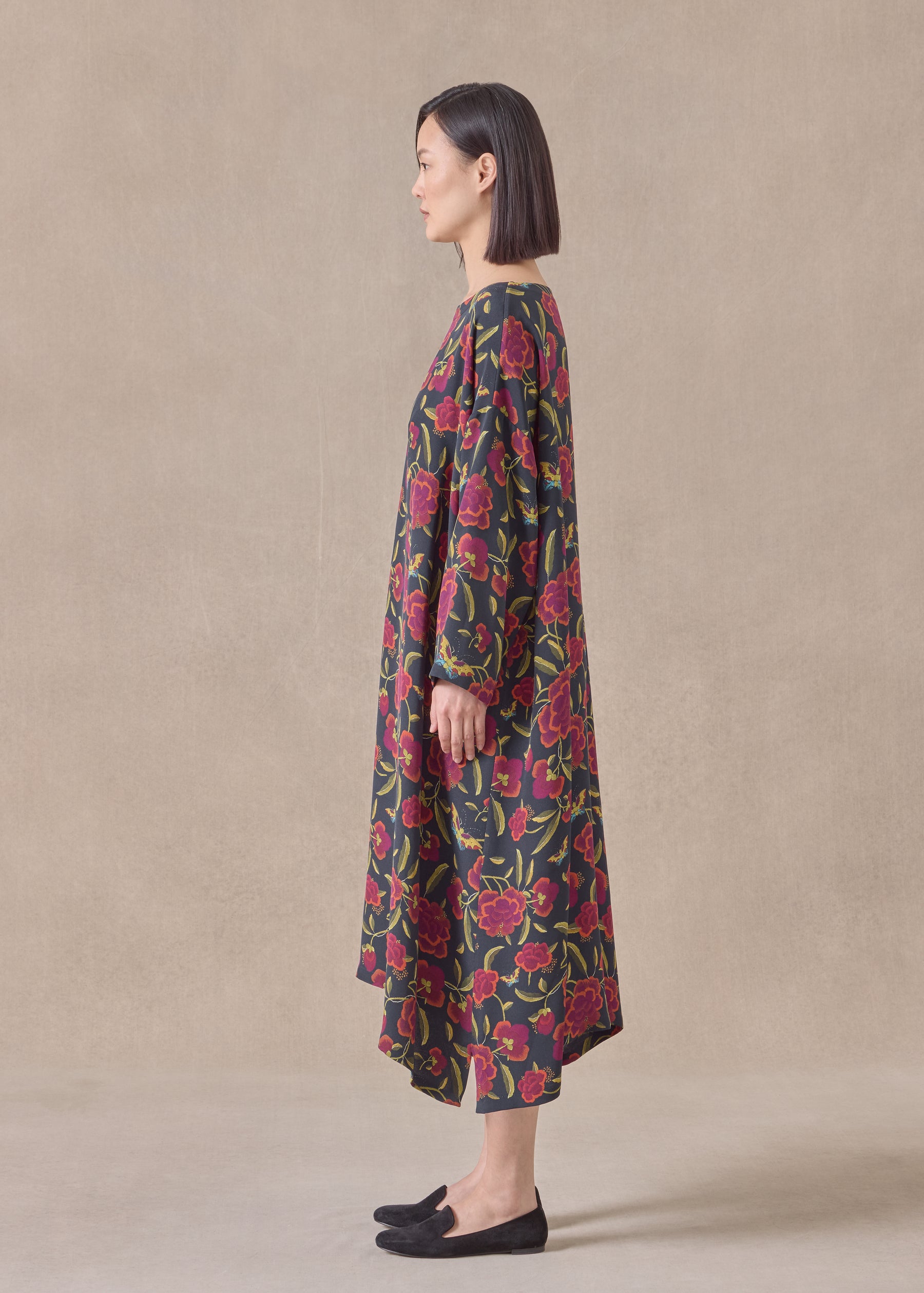 silk 3/4 sleeve wide A-line scoop neck dress