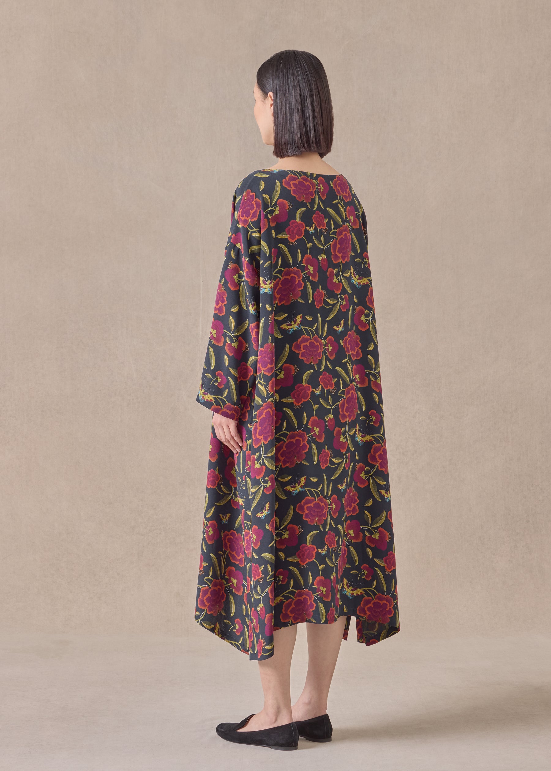 silk 3/4 sleeve wide A-line scoop neck dress