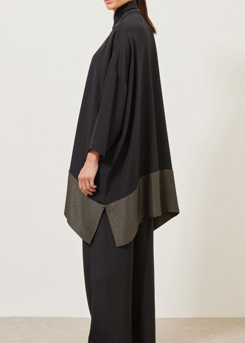 silk and lamé wide double stand collar shirt - very long with slits