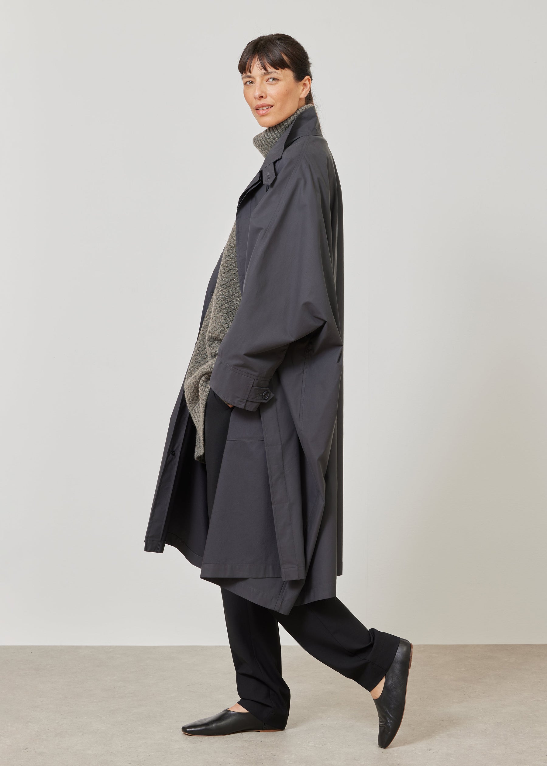 cotton mix extra wide sloped shoulder raincoat with tabs - 3/4 length