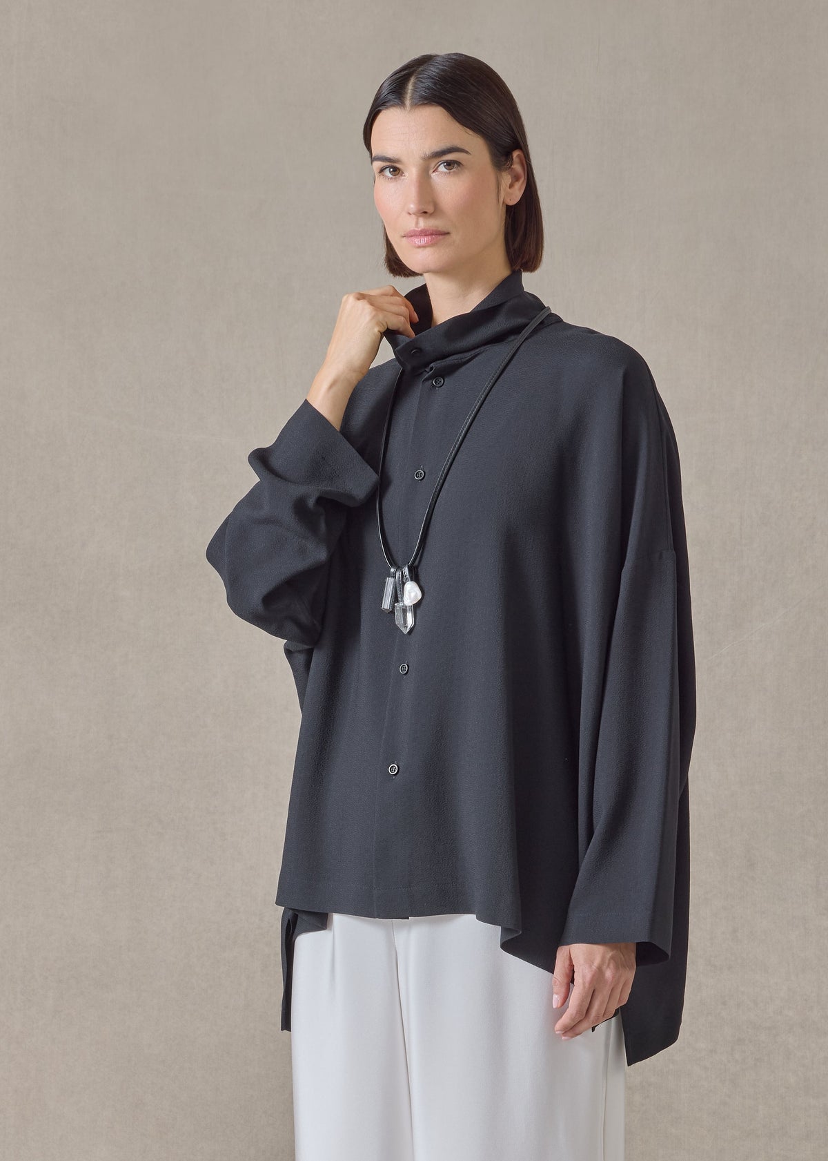 silk jacquard wide longer back scrunch neck shirt - mid plus