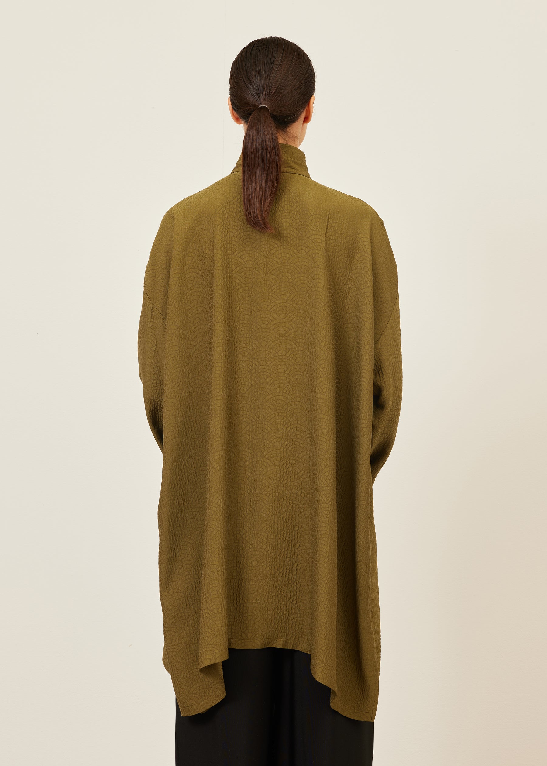 silk wide a-line double stand collar shirt - very long with slits