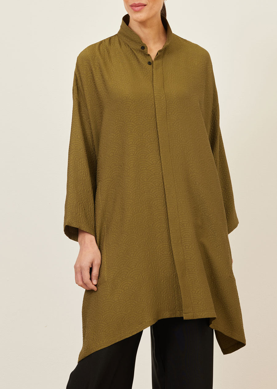 silk wide a-line double stand collar shirt - very long with slits