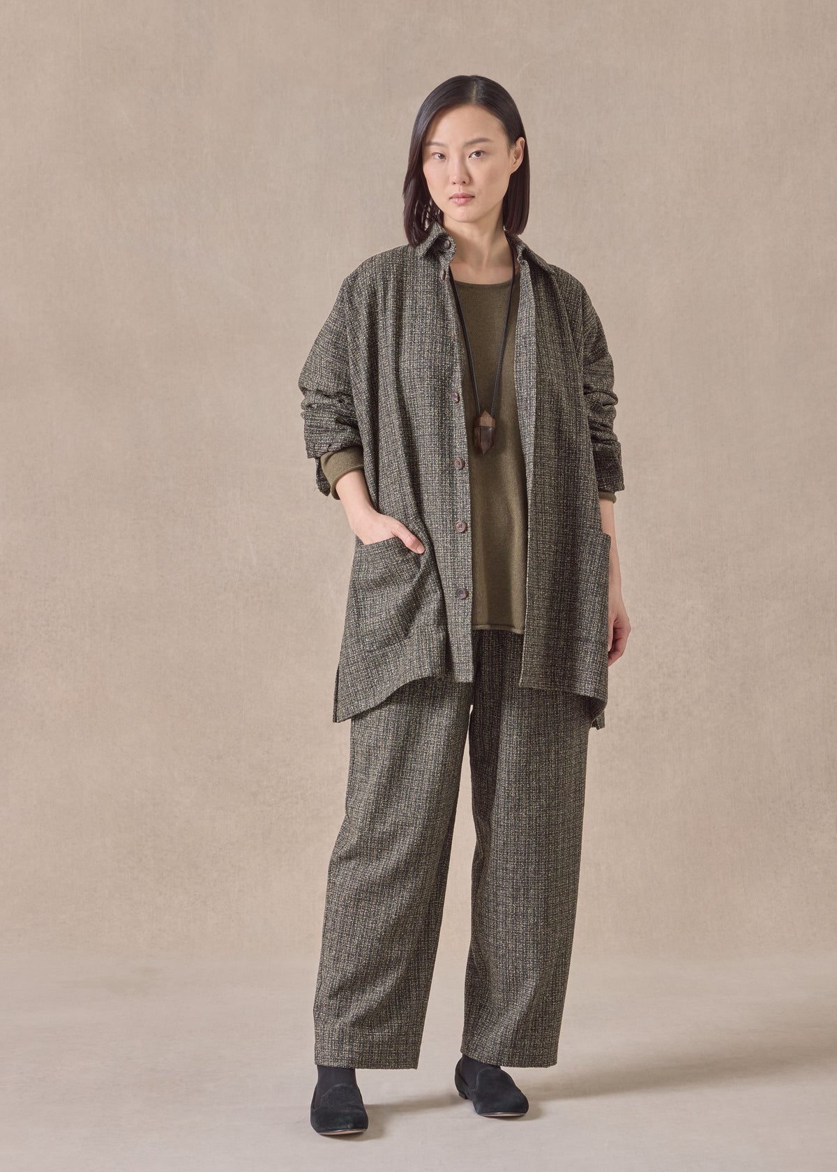 wool silk mix wide A-line shirt jacket with collar - long