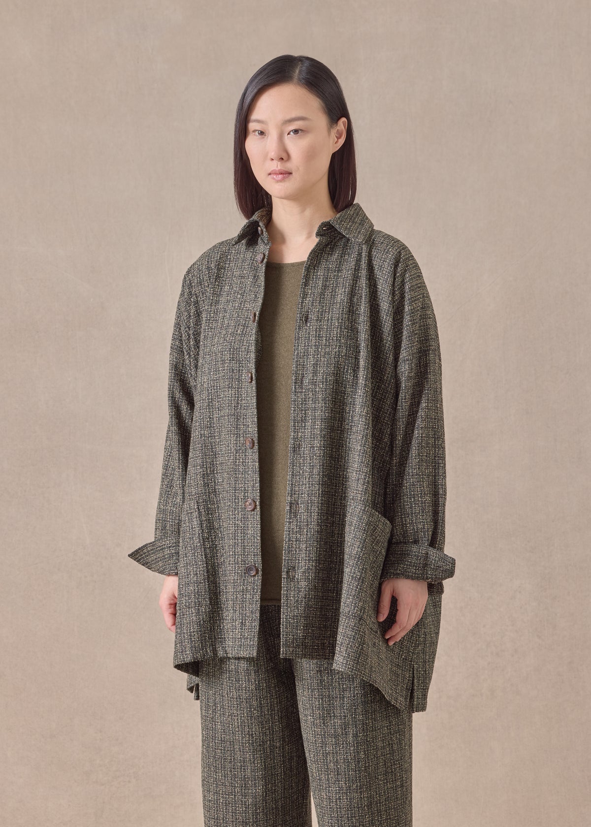 wool silk mix wide A-line shirt jacket with collar - long