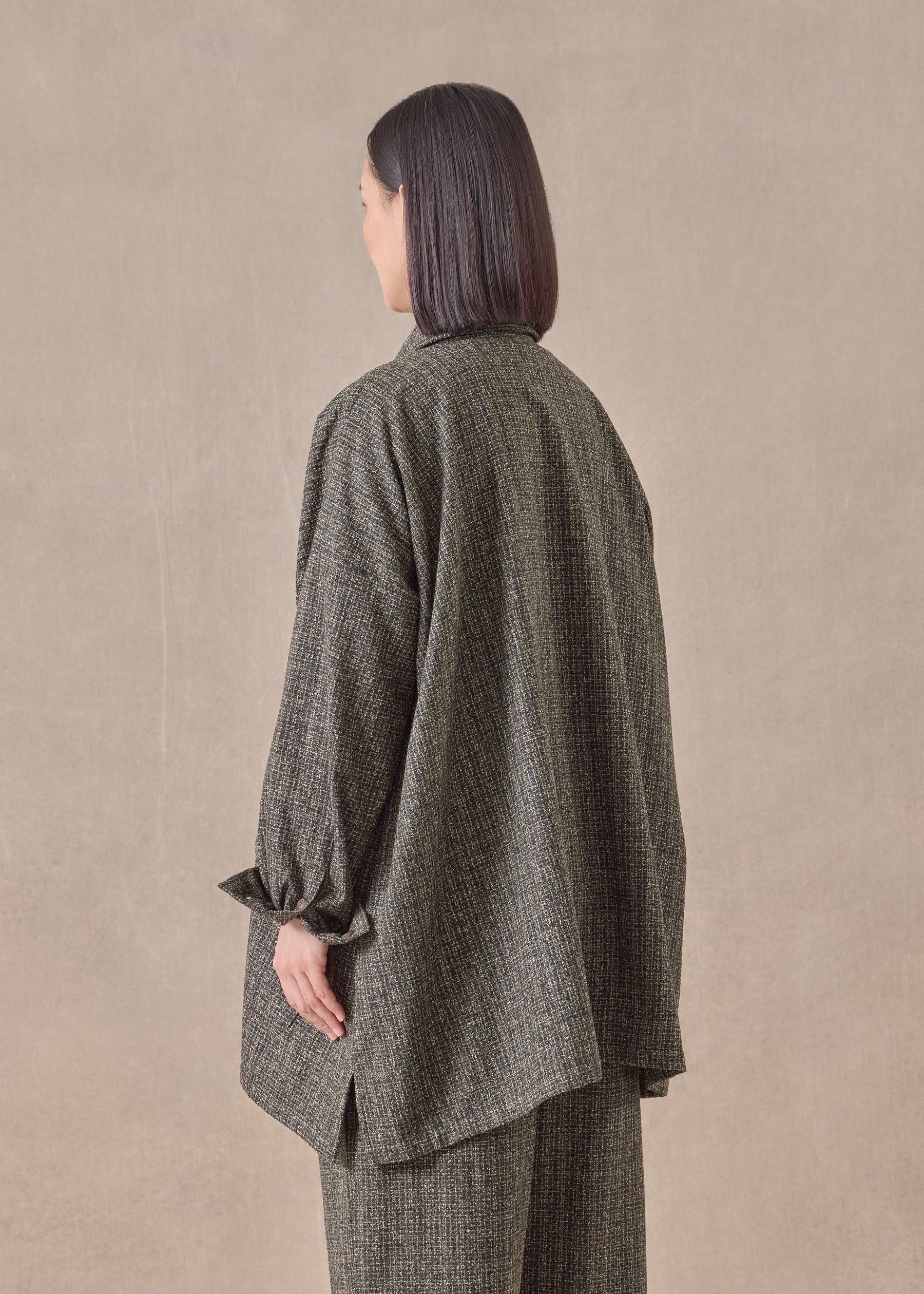 wool silk mix wide A-line shirt jacket with collar - long
