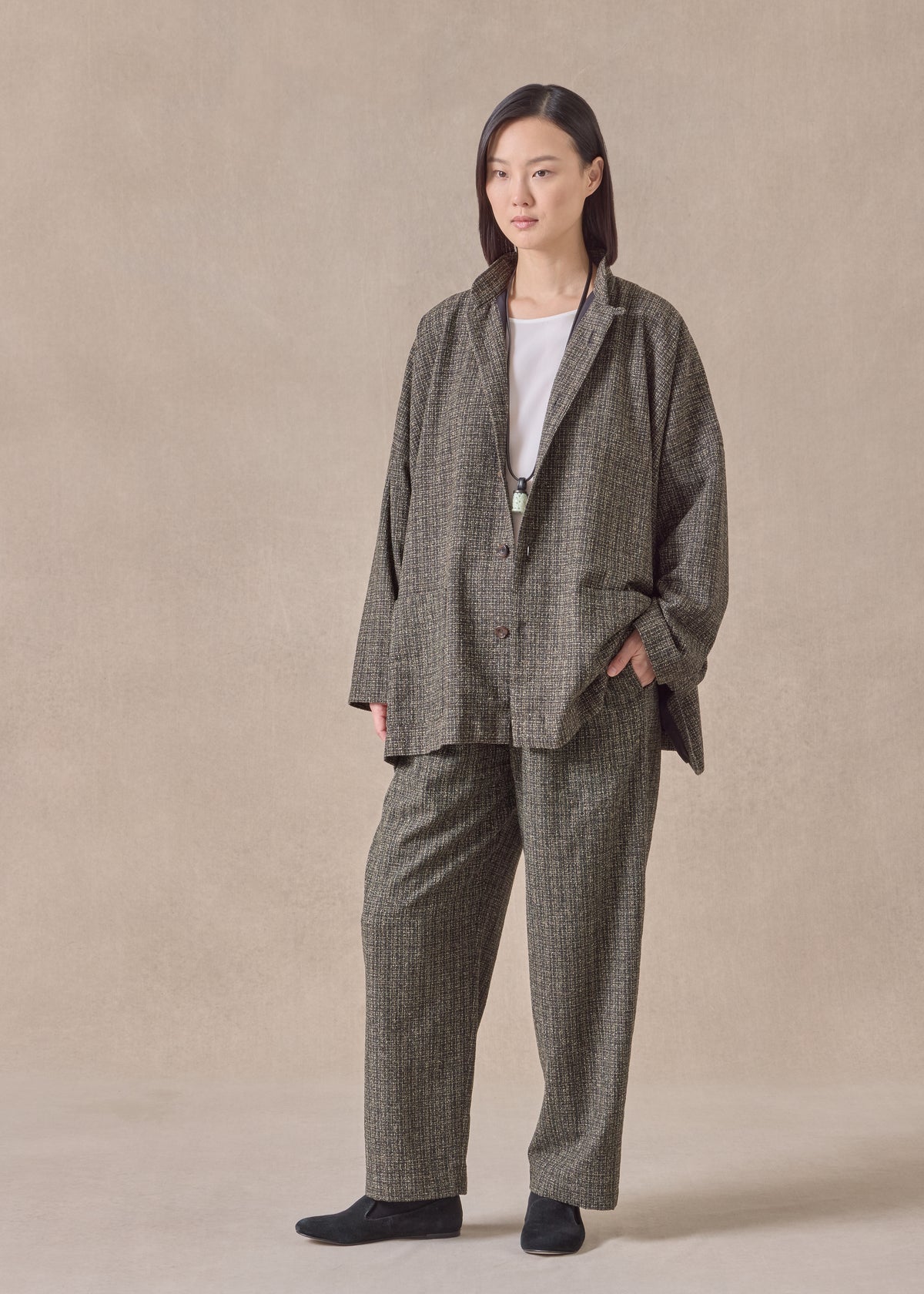 wool silk mix wide mandarin jacket - long