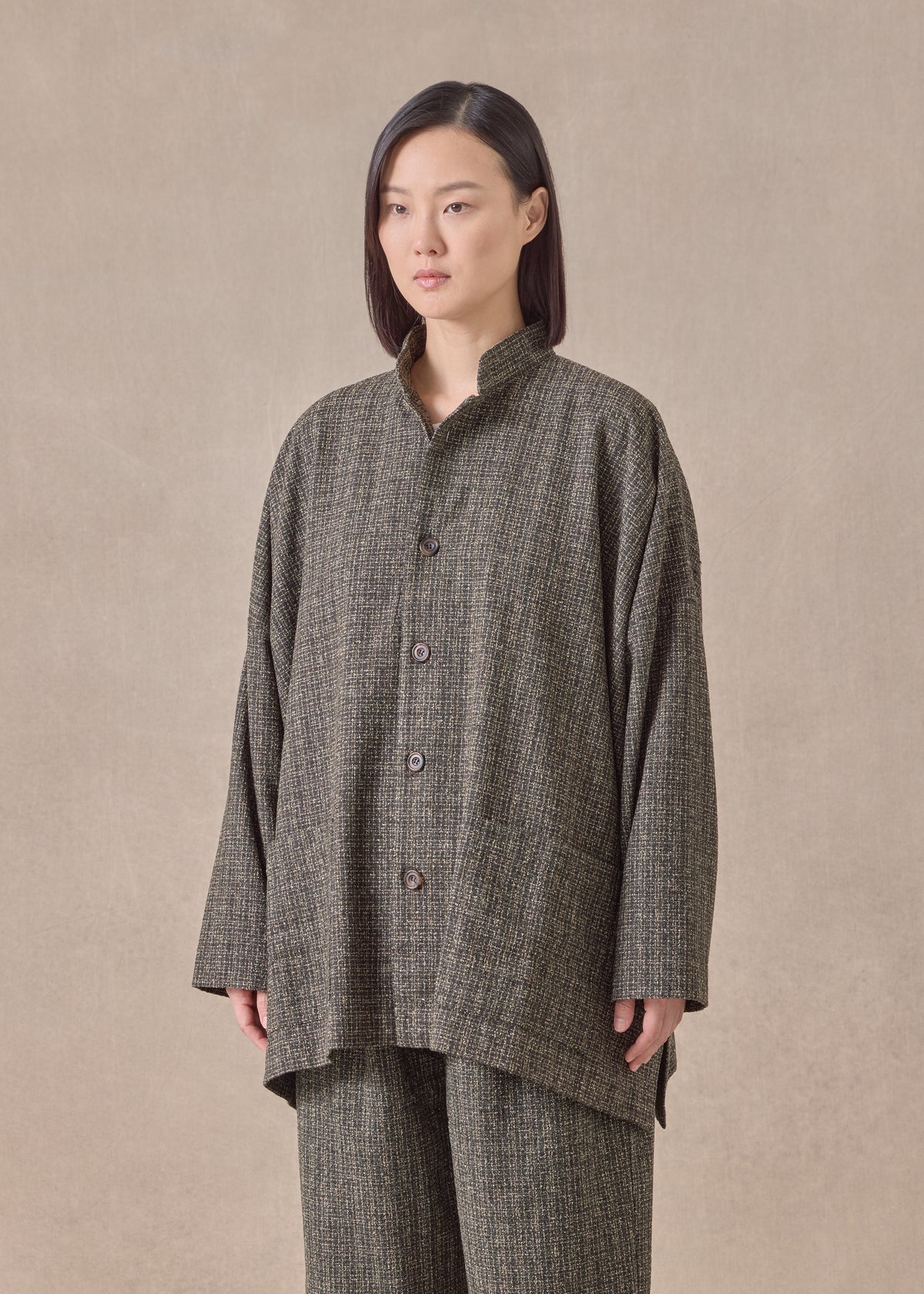 wool silk mix wide mandarin jacket - long