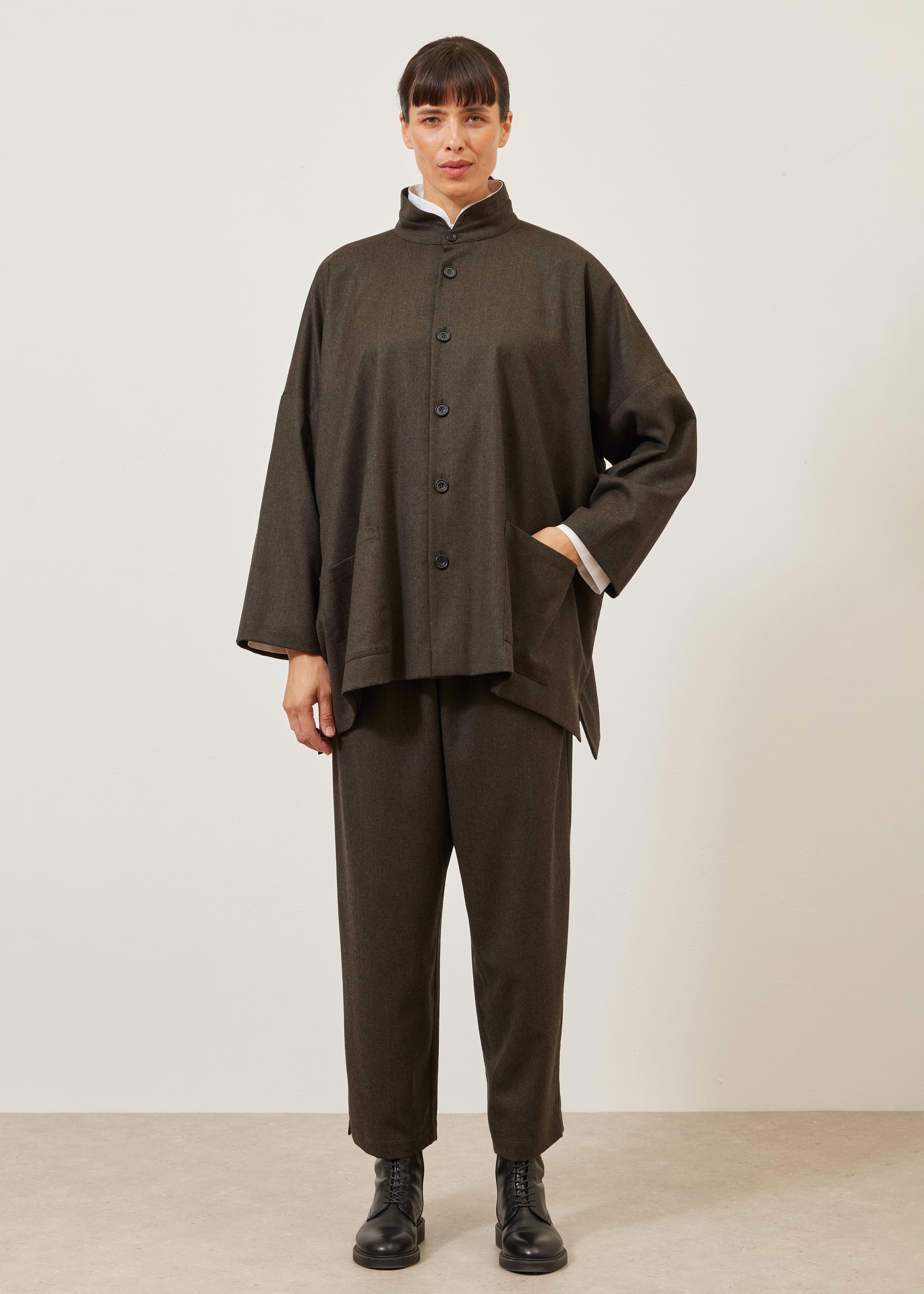 wide longer back double stand collar jacket - long
