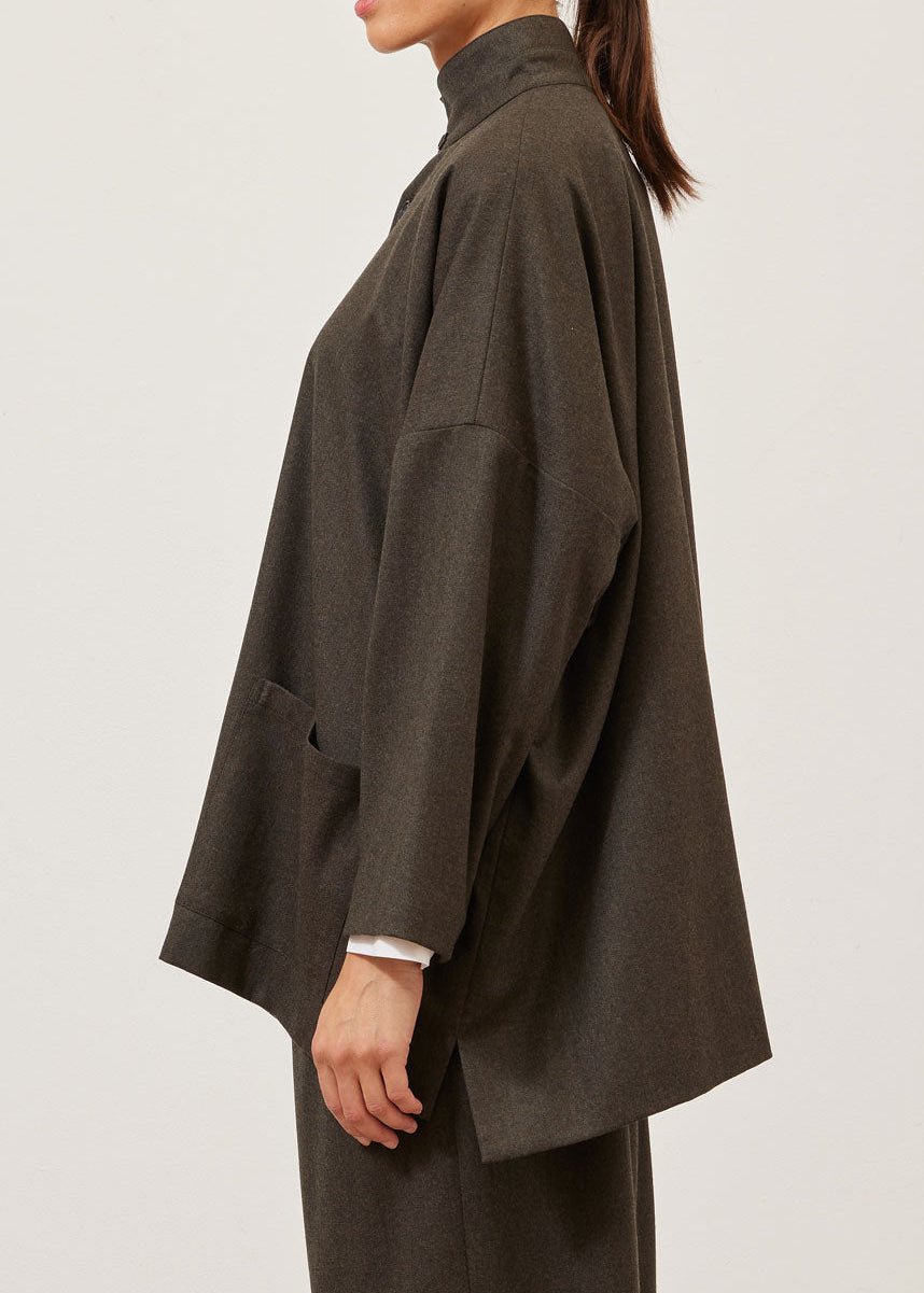 wool flannel wide longer back double stand collar jacket - long